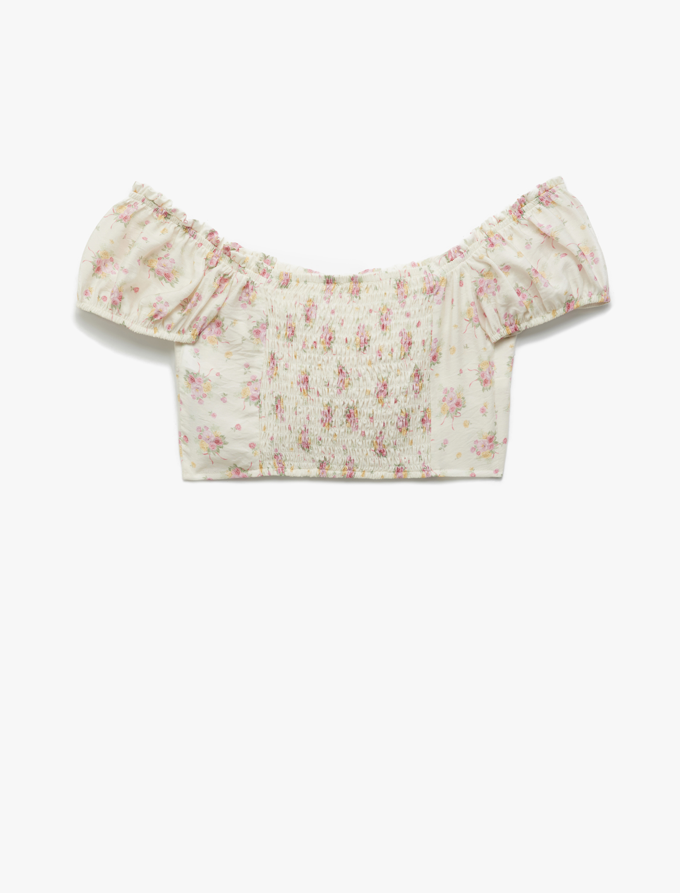   Koton X Sibil Çetinkaya - Aerobin Viskon Kumaş Takma Kol Düşük Omuz Çiçekli Crop Bluz