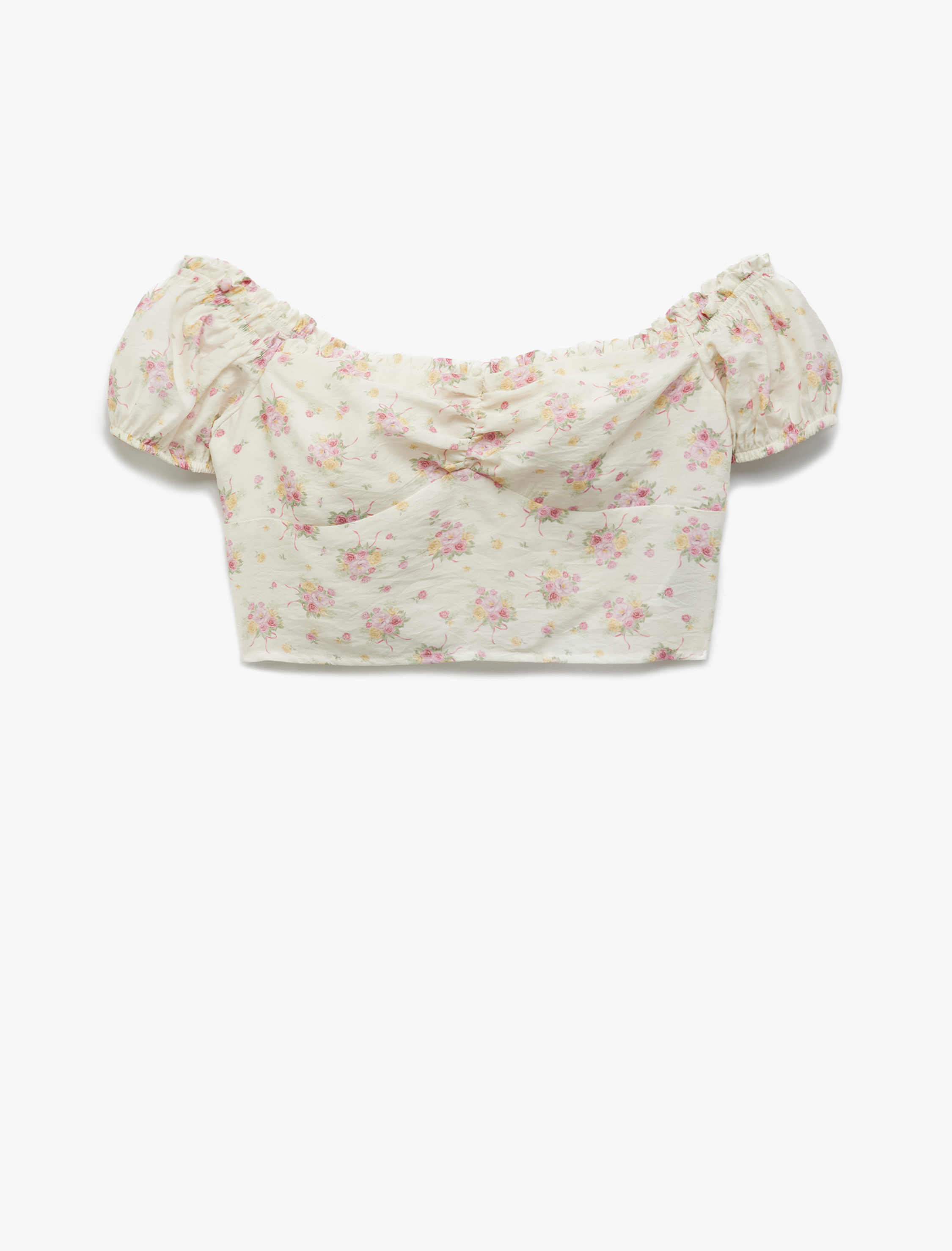   Koton X Sibil Çetinkaya - Aerobin Viskon Kumaş Takma Kol Düşük Omuz Çiçekli Crop Bluz