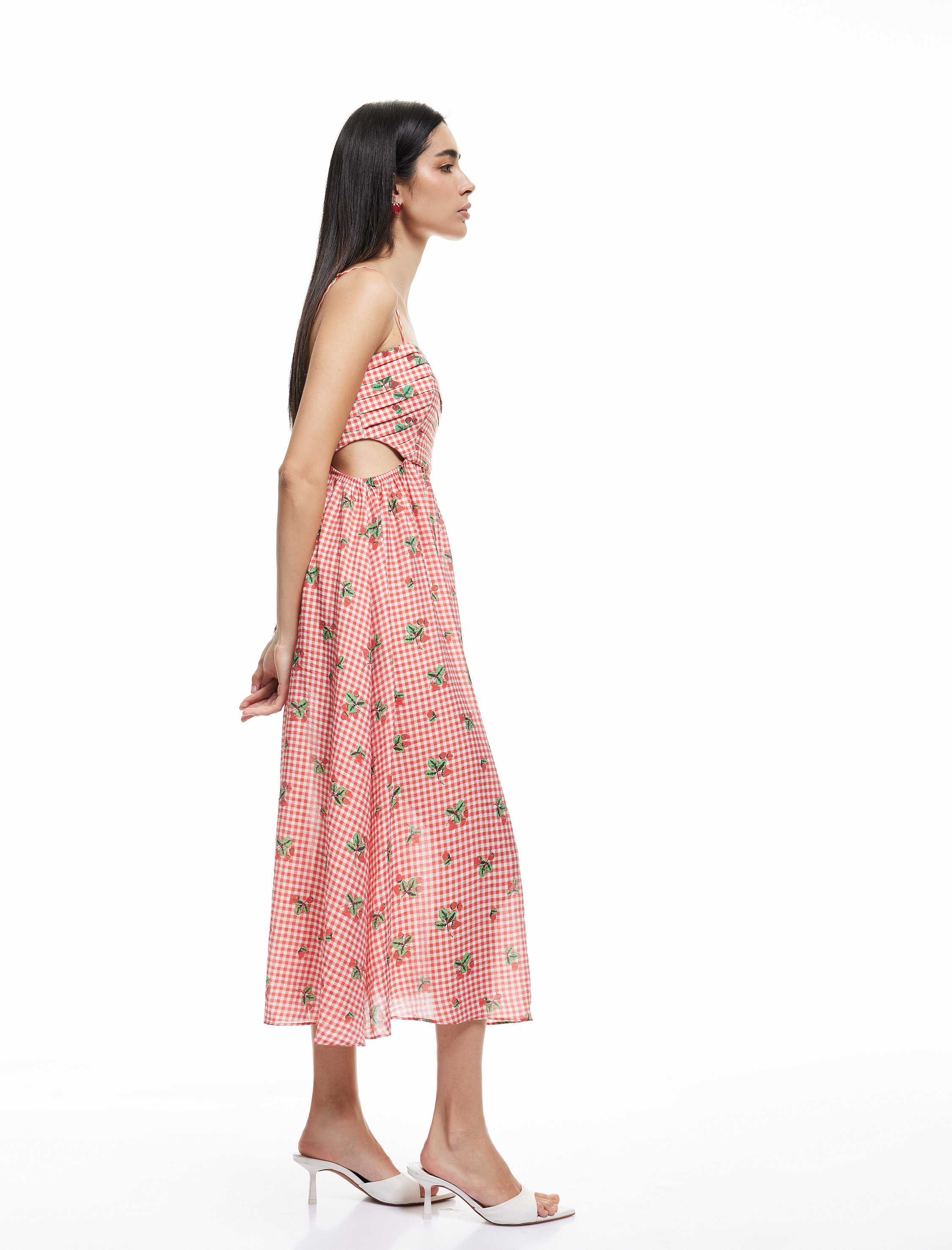   Viskon Astarlı Pencere Detaylı Pötikareli Çilek Baskılı İnce Askılı Elbise