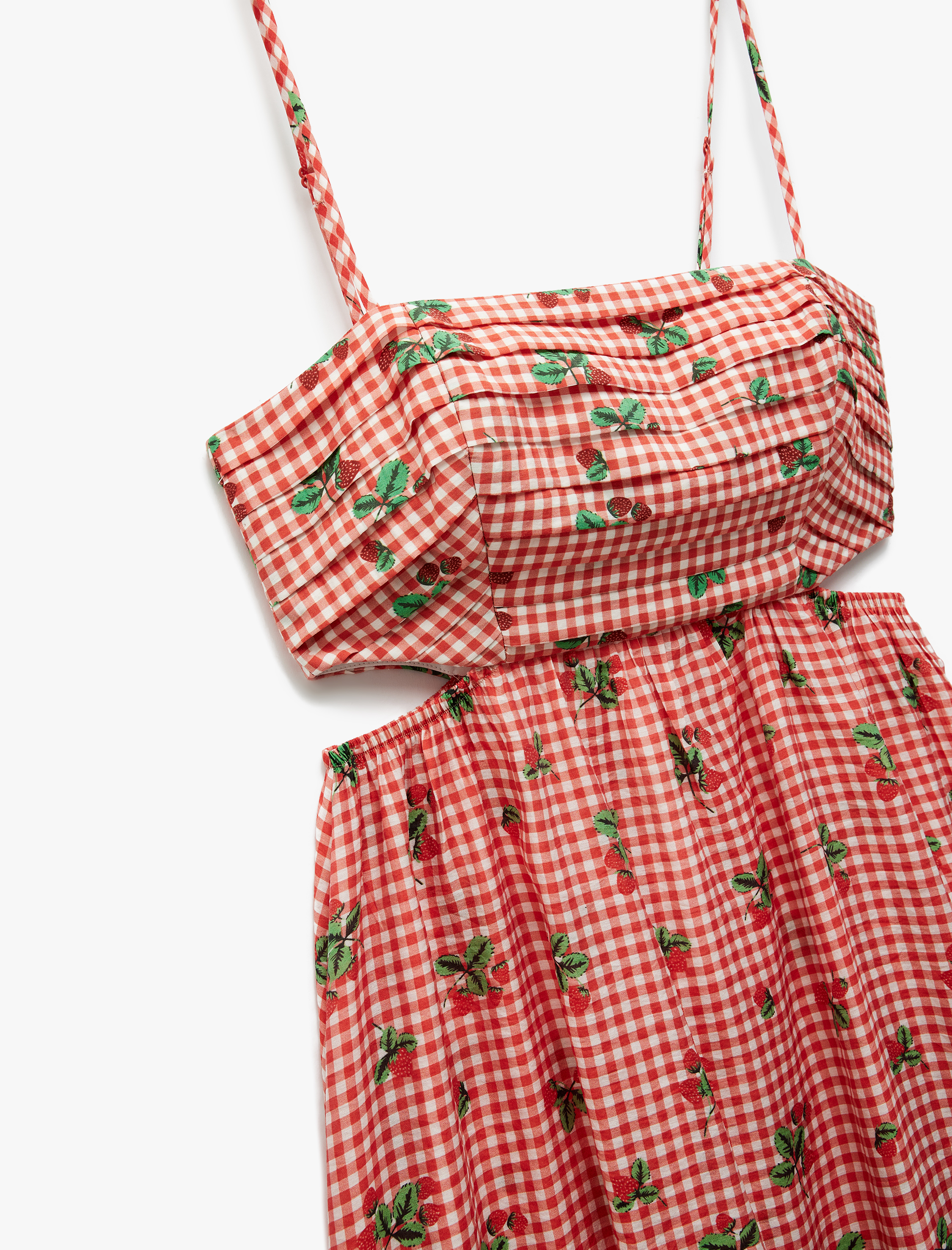   Viskon Astarlı Pencere Detaylı Pötikareli Çilek Baskılı İnce Askılı Elbise