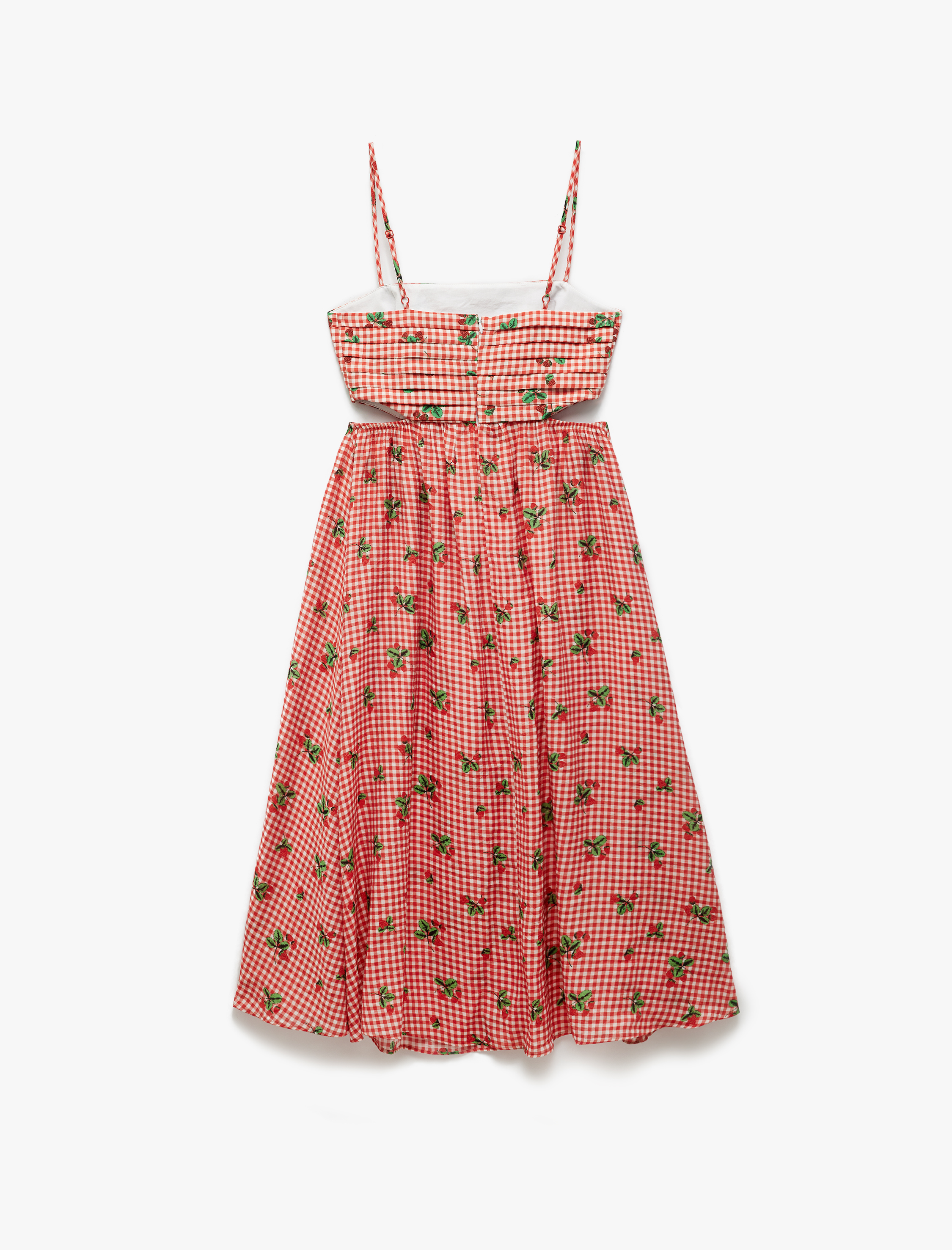   Viskon Astarlı Pencere Detaylı Pötikareli Çilek Baskılı İnce Askılı Elbise