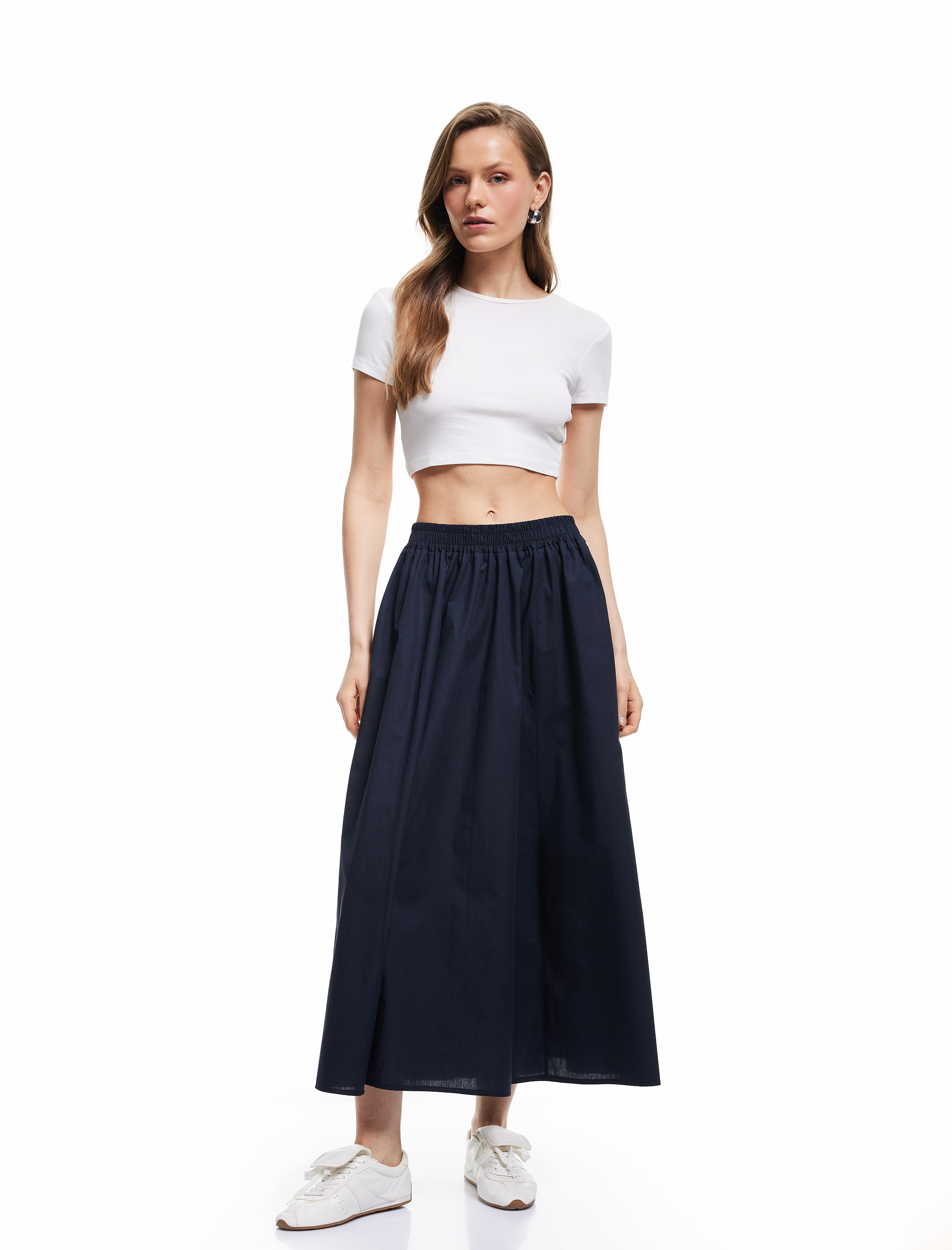   Uzun Kloş Etek Cepli Poplin Standart Bel