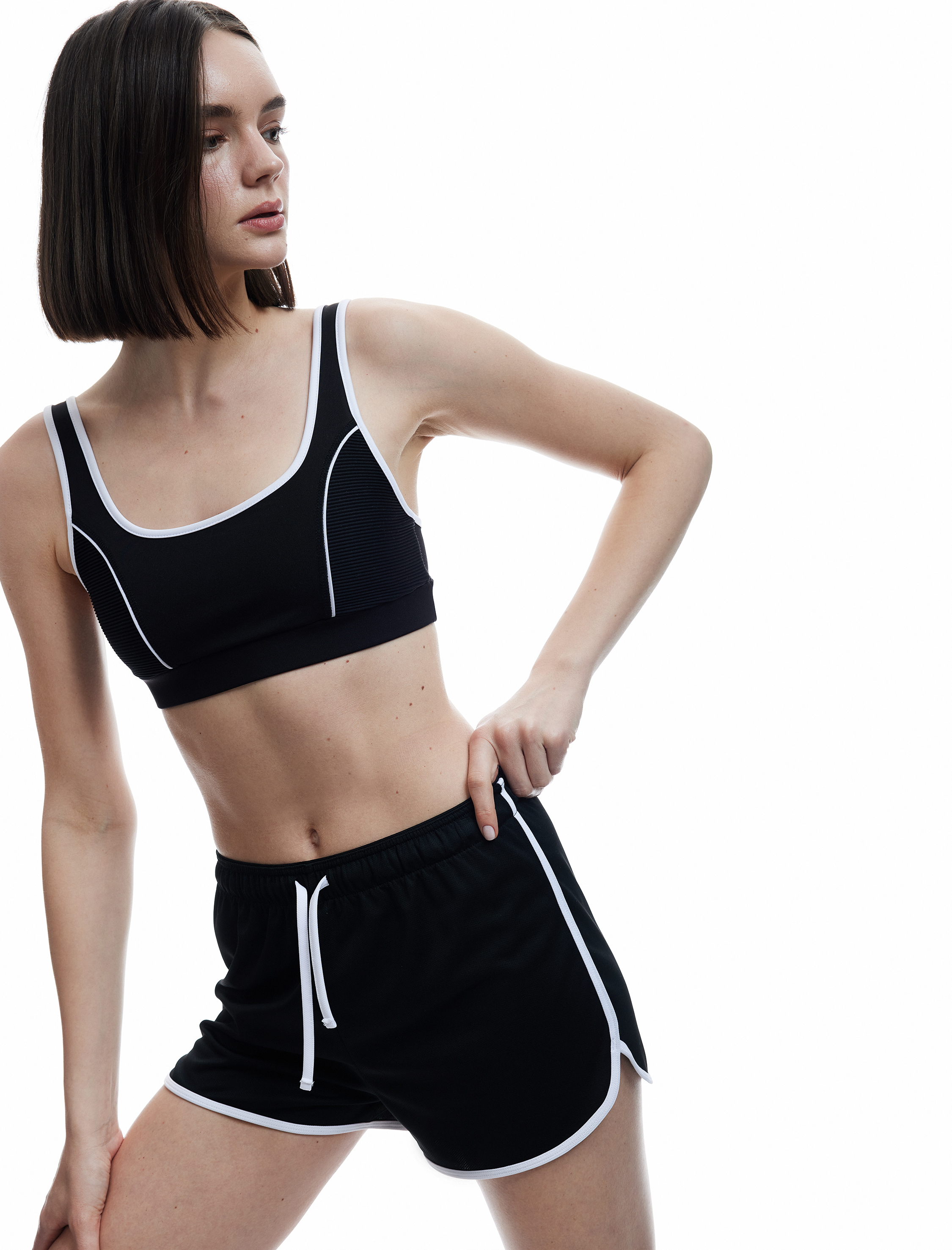 Koton Kadın Normal Bel Bağcıklı Çizgili Mini Spor Şort -1