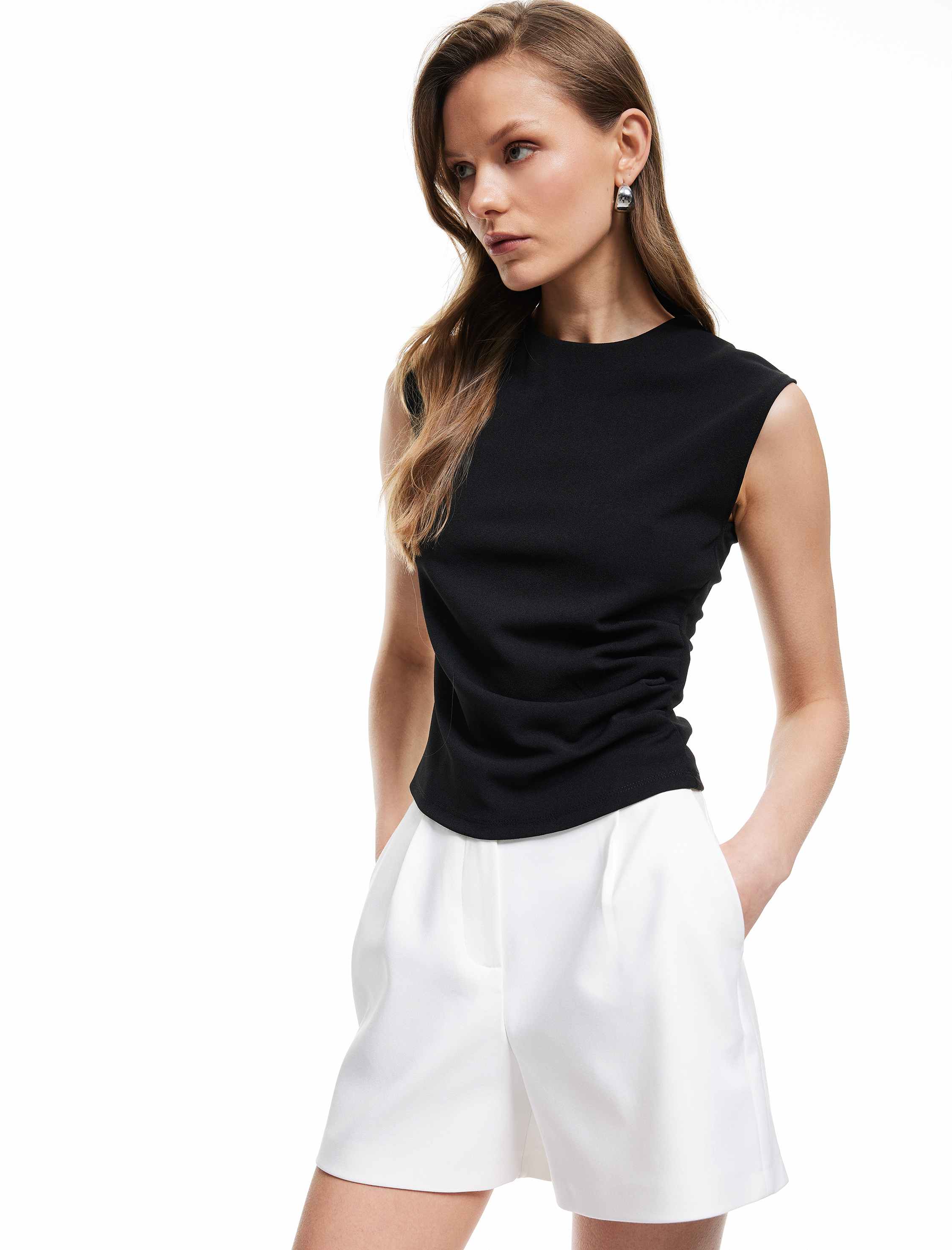   Krep Scuba Kumaş Drape Detaylı Kolsuz Bisiklet Yaka Atlet