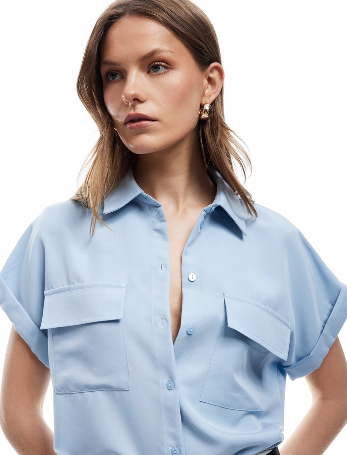  Modal Kumaş Kısa Kollu Klasik Yaka Cep Detaylı Gömlek