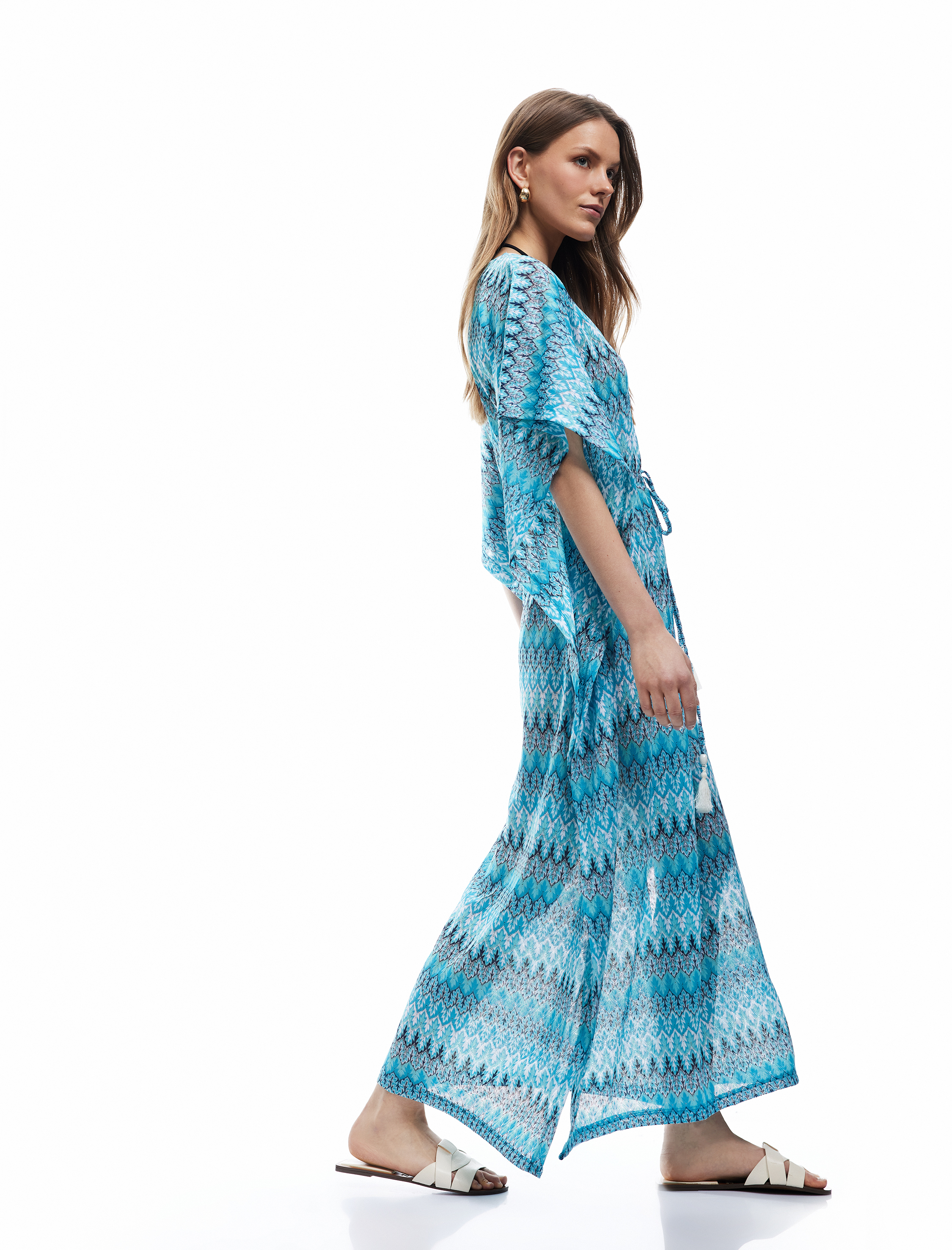 Rahat Kalıp V Yaka Bağlama Detaylı Desenli Uzun Kimono Plaj Elbisesi