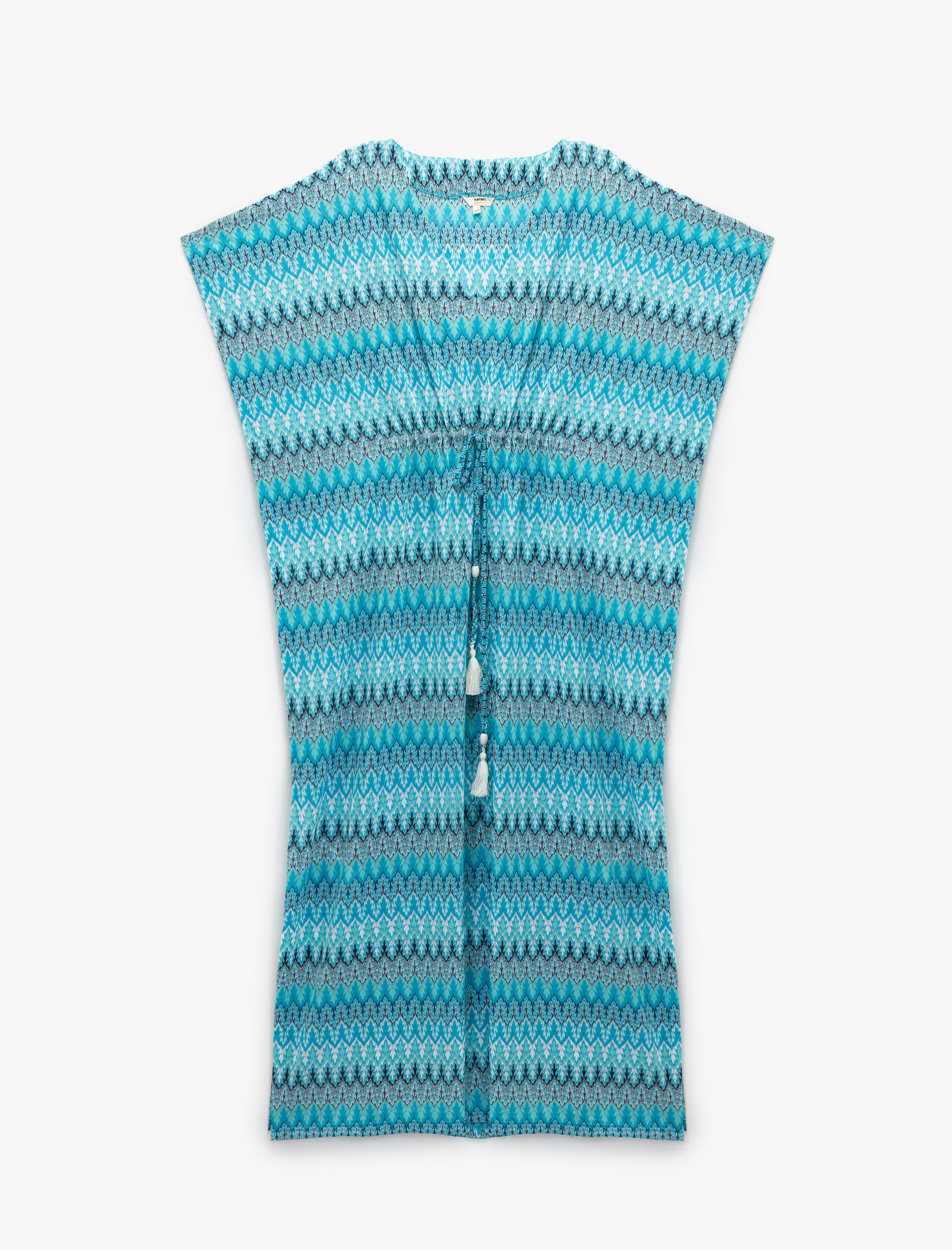 Rahat Kalıp V Yaka Bağlama Detaylı Desenli Uzun Kimono Plaj Elbisesi