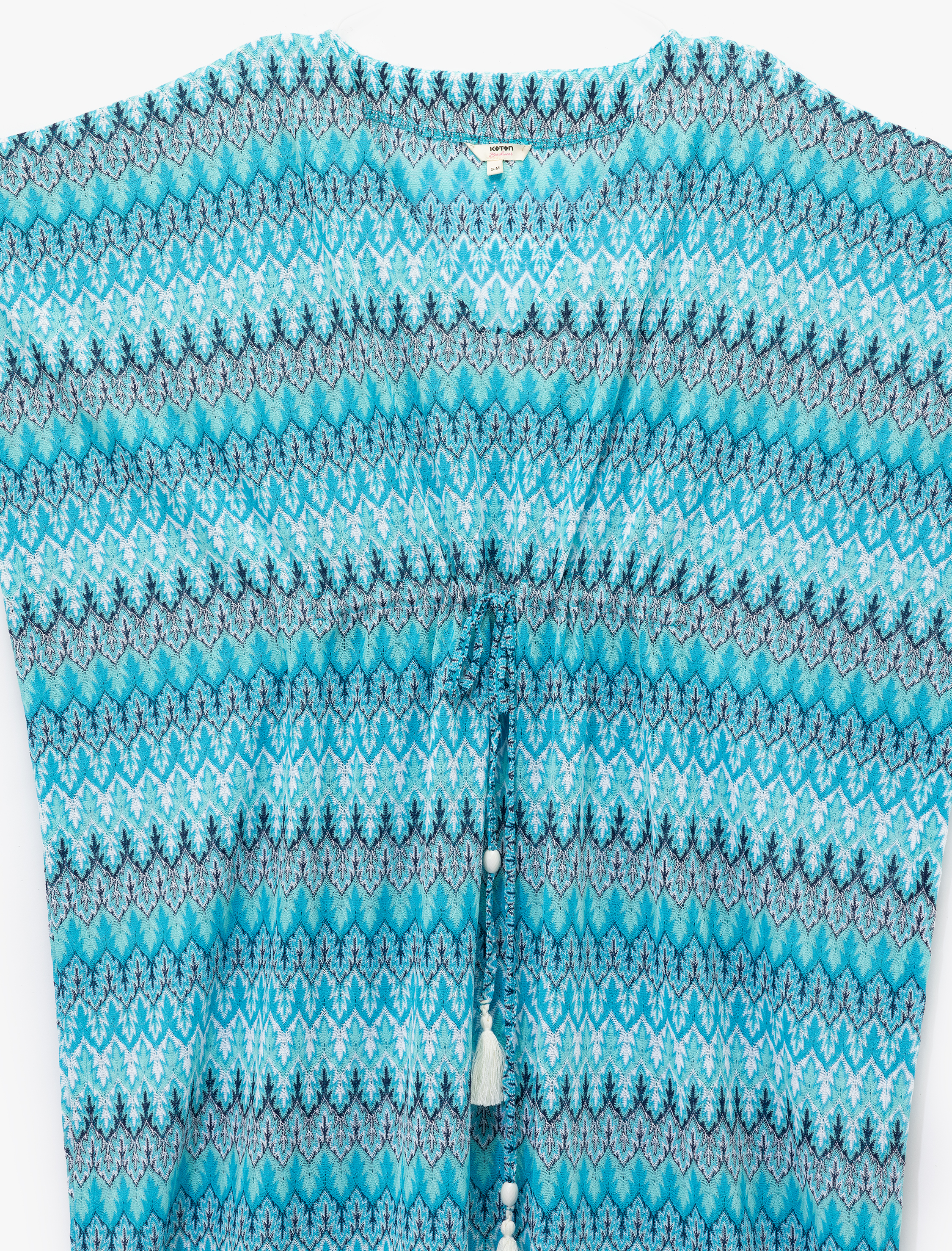 Rahat Kalıp V Yaka Bağlama Detaylı Desenli Uzun Kimono Plaj Elbisesi