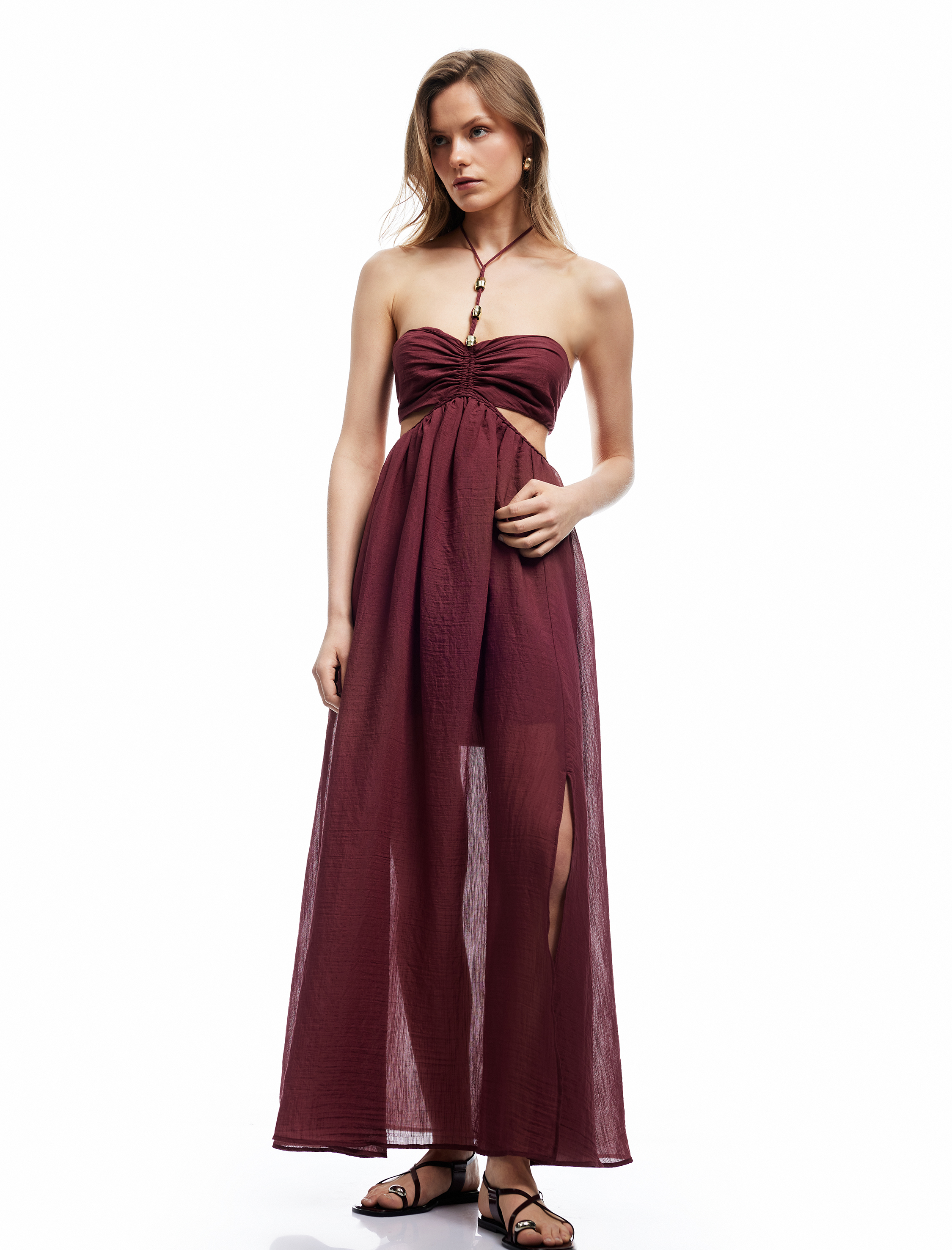 Viskon Kumaş Pencere Detaylı Boyundan Bağlamalı İnce Askılı Uzun Elbise