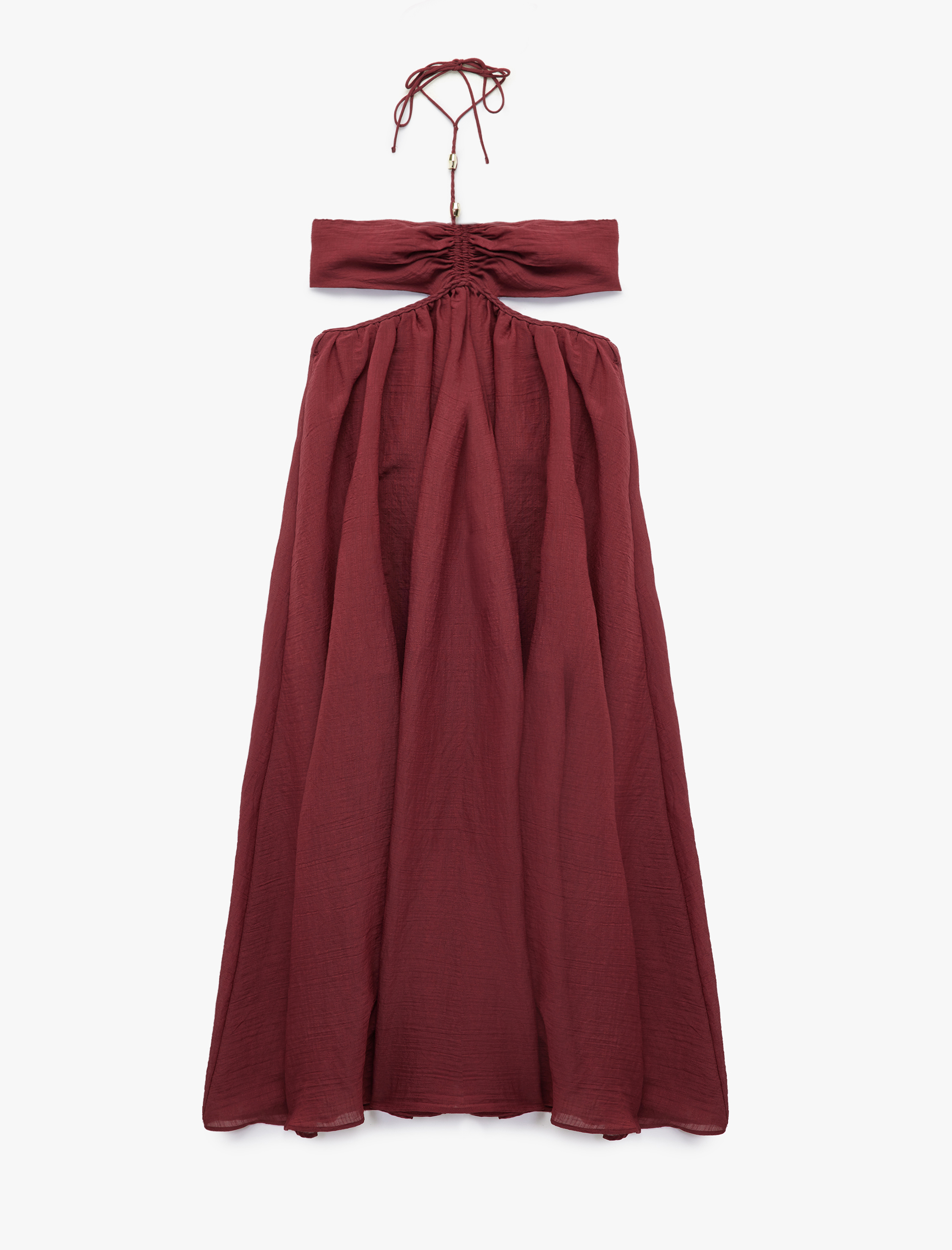 Viskon Kumaş Pencere Detaylı Boyundan Bağlamalı İnce Askılı Uzun Elbise