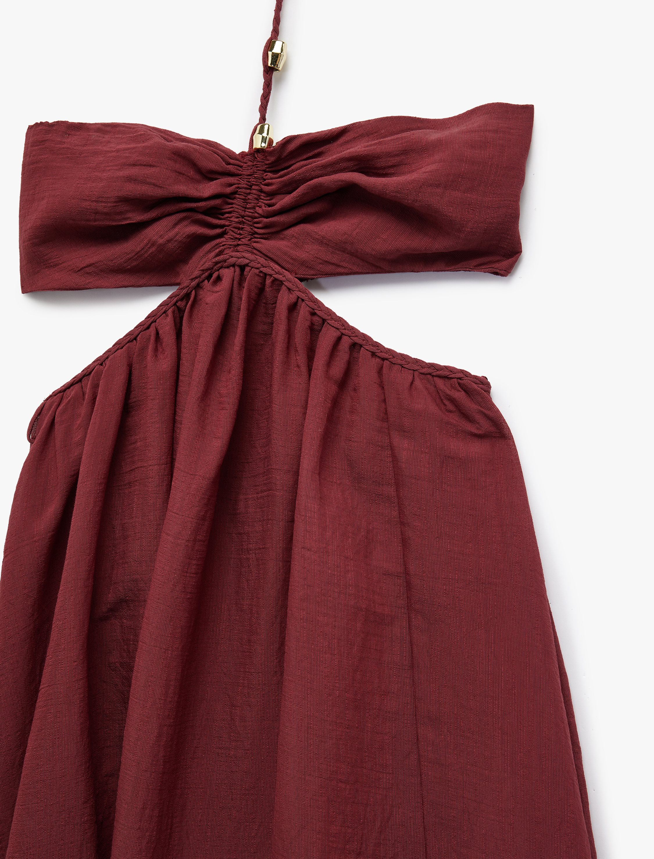 Viskon Kumaş Pencere Detaylı Boyundan Bağlamalı İnce Askılı Uzun Elbise