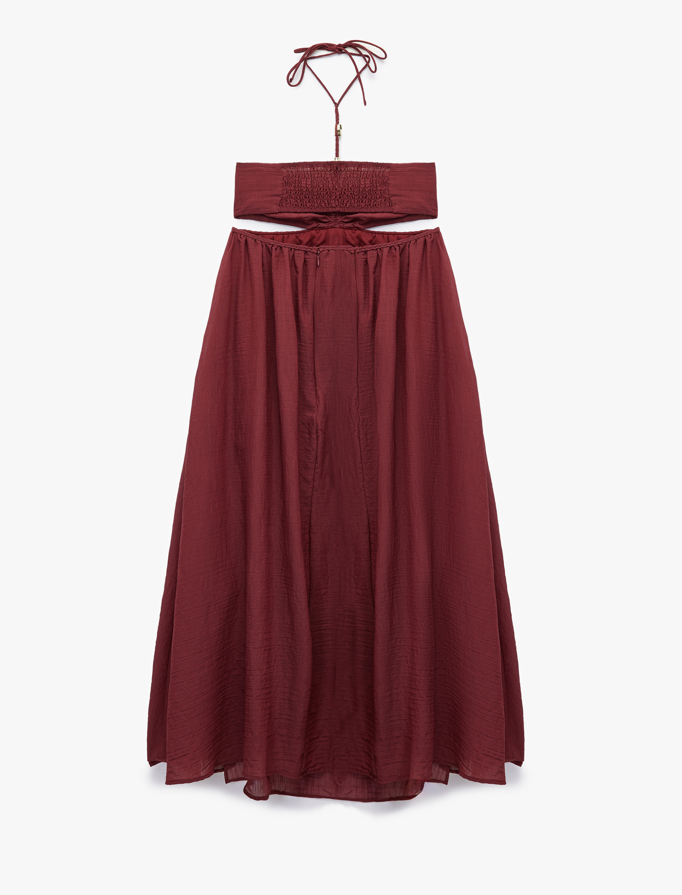 Viskon Kumaş Pencere Detaylı Boyundan Bağlamalı İnce Askılı Uzun Elbise