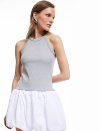 Slim Fit İki Farklı Kumaş Kullanımlı Mini Halter Yaka Balon Elbise