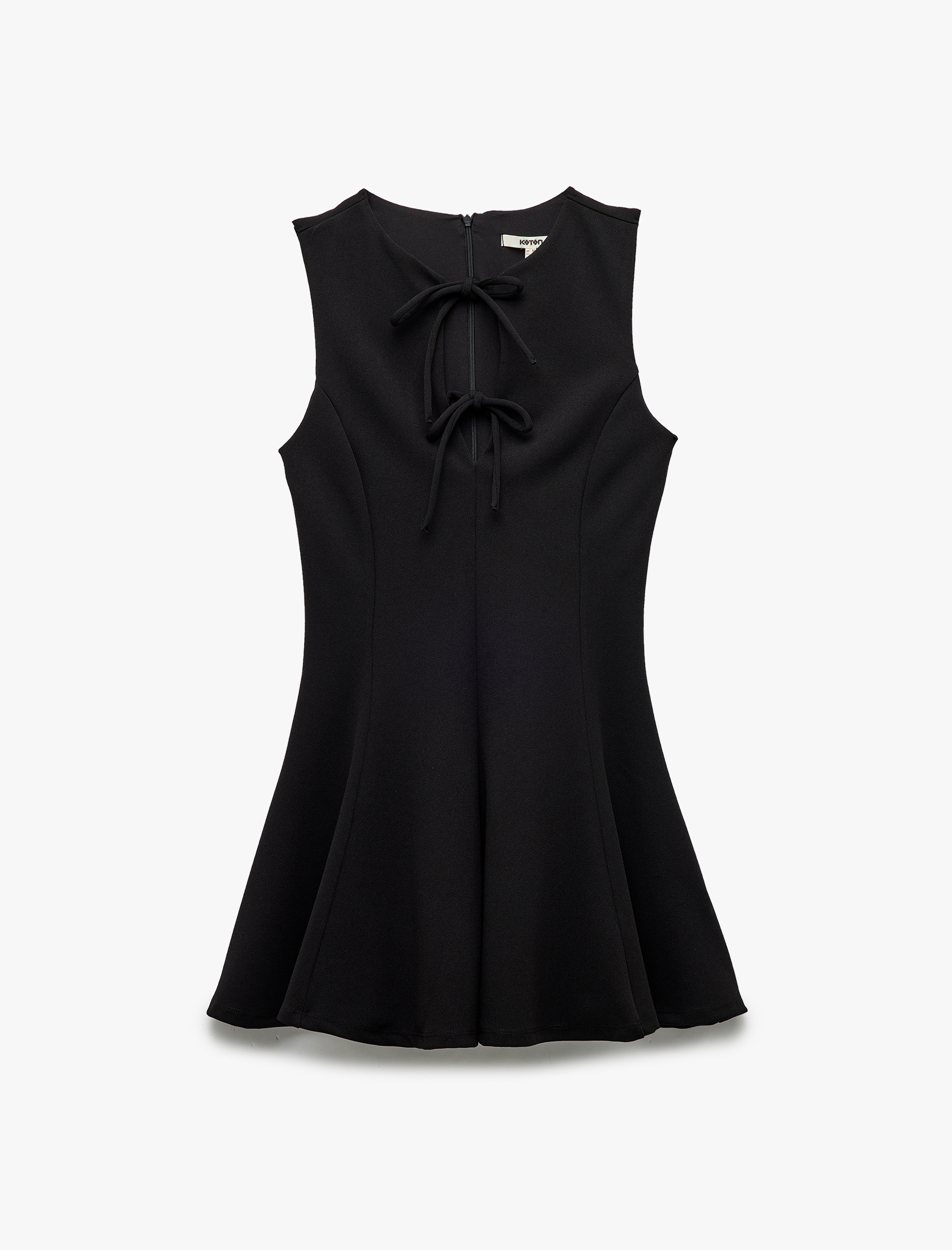   Krep Scuba Kumaş Fiyonk Detaylı Kolsuz Bisiklet Yaka Mini Elbise