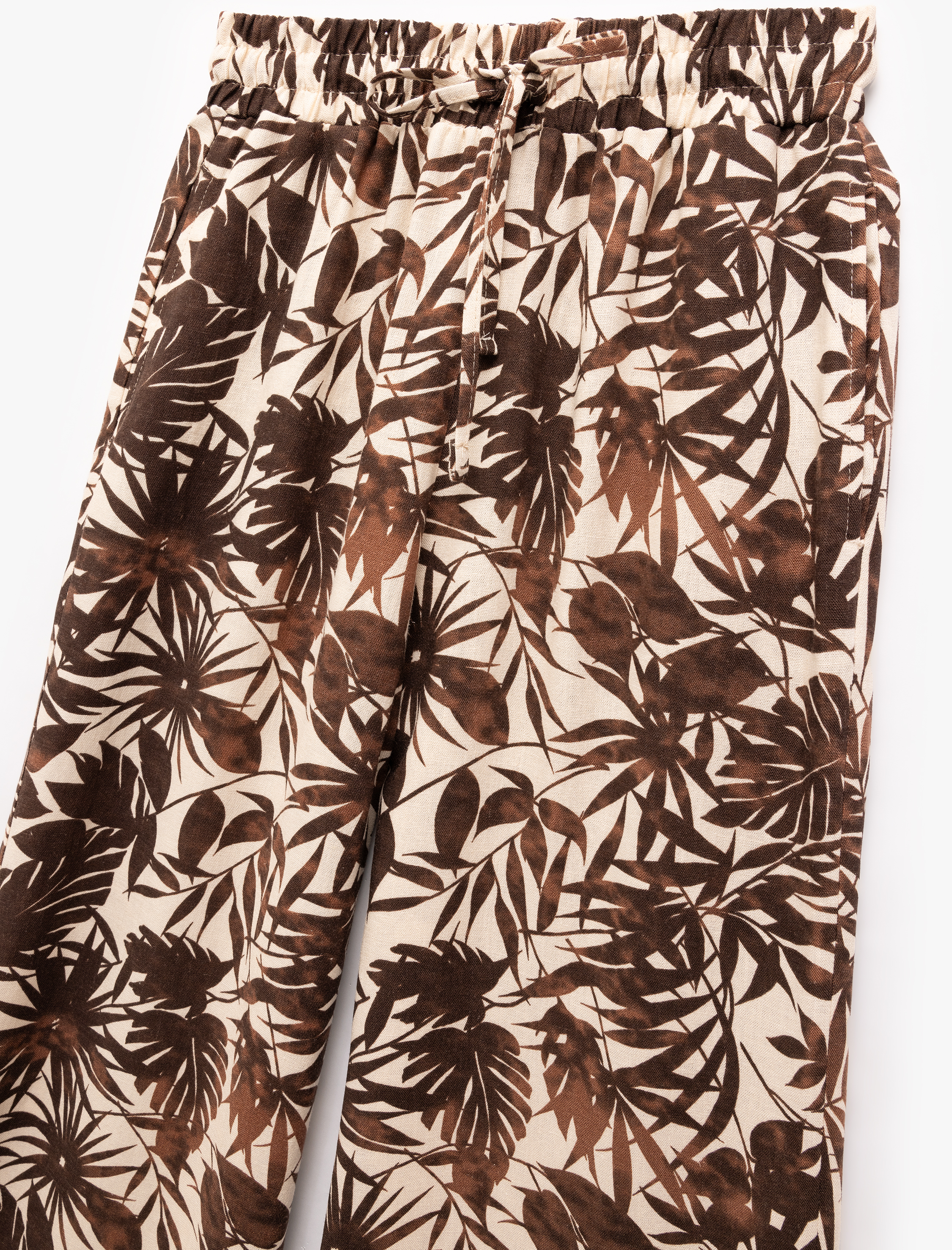   Viskon Keten Karışımlı Floral Desenli Geniş Paça Pantolon