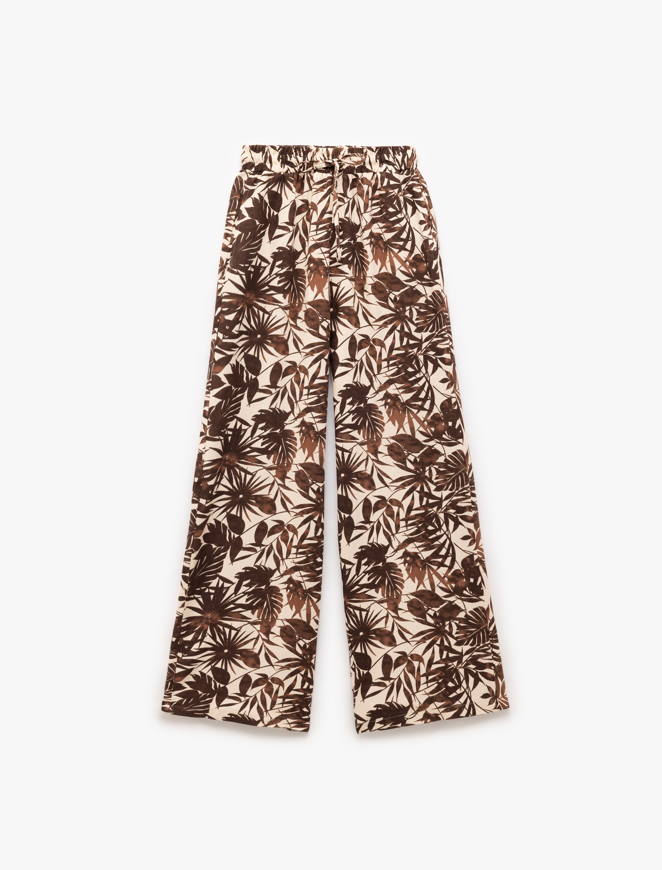   Viskon Keten Karışımlı Floral Desenli Geniş Paça Pantolon