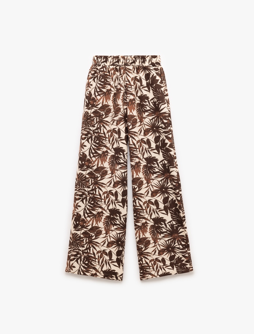   Viskon Keten Karışımlı Floral Desenli Geniş Paça Pantolon