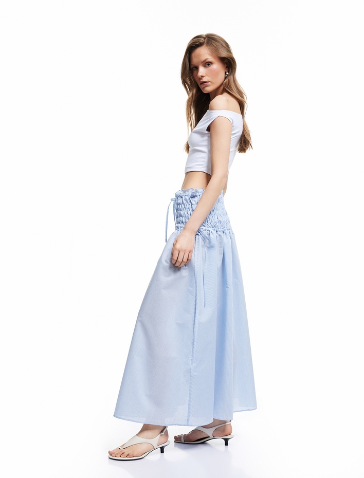  Pamuklu Fiyonk Detaylı Yüksek Bel Gipeli Midi Kloş Etek