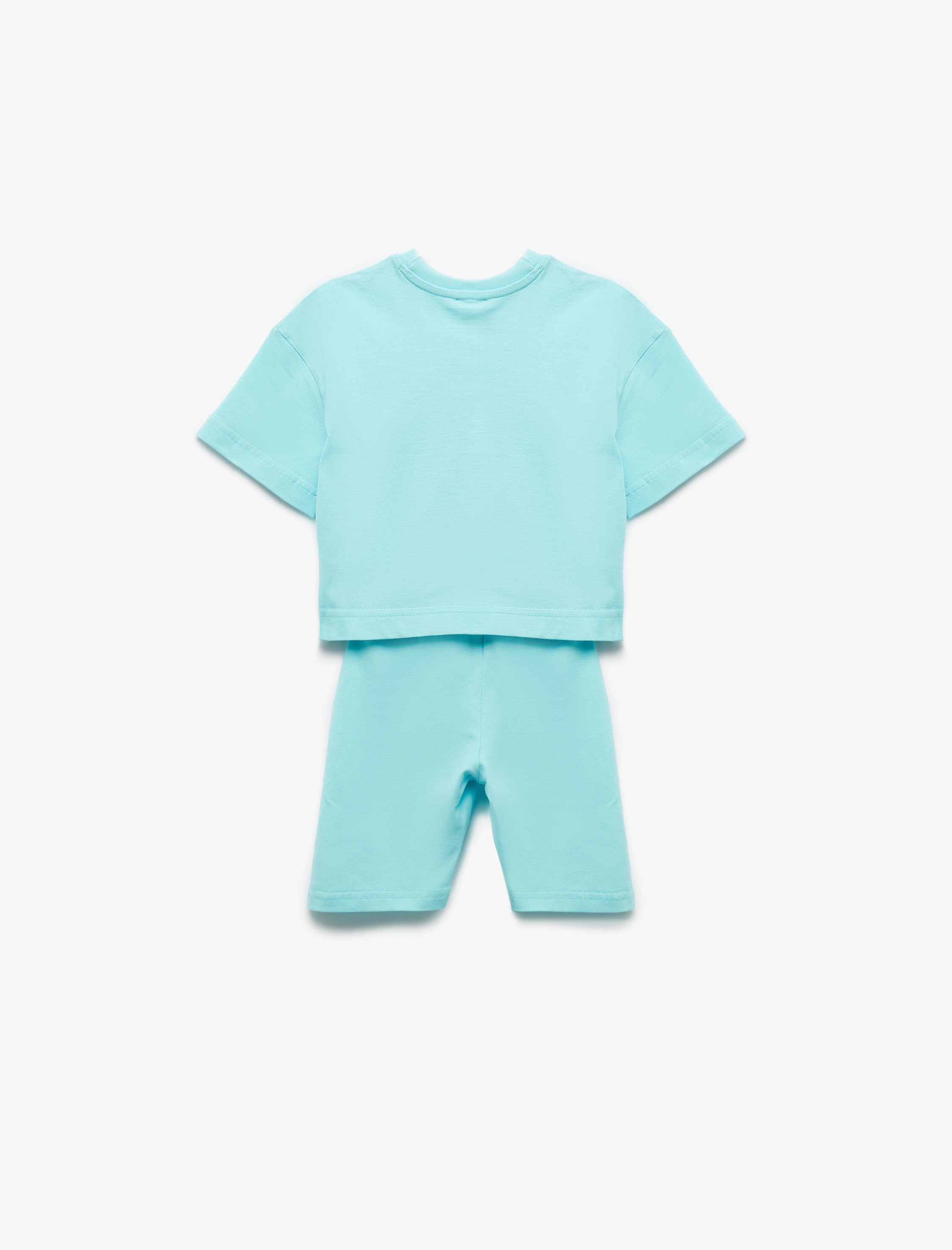  Kız Çocuk Bisiklet Yaka Kısa Kollu Pamuklu Baskılı Tişört ve Tayt Seti