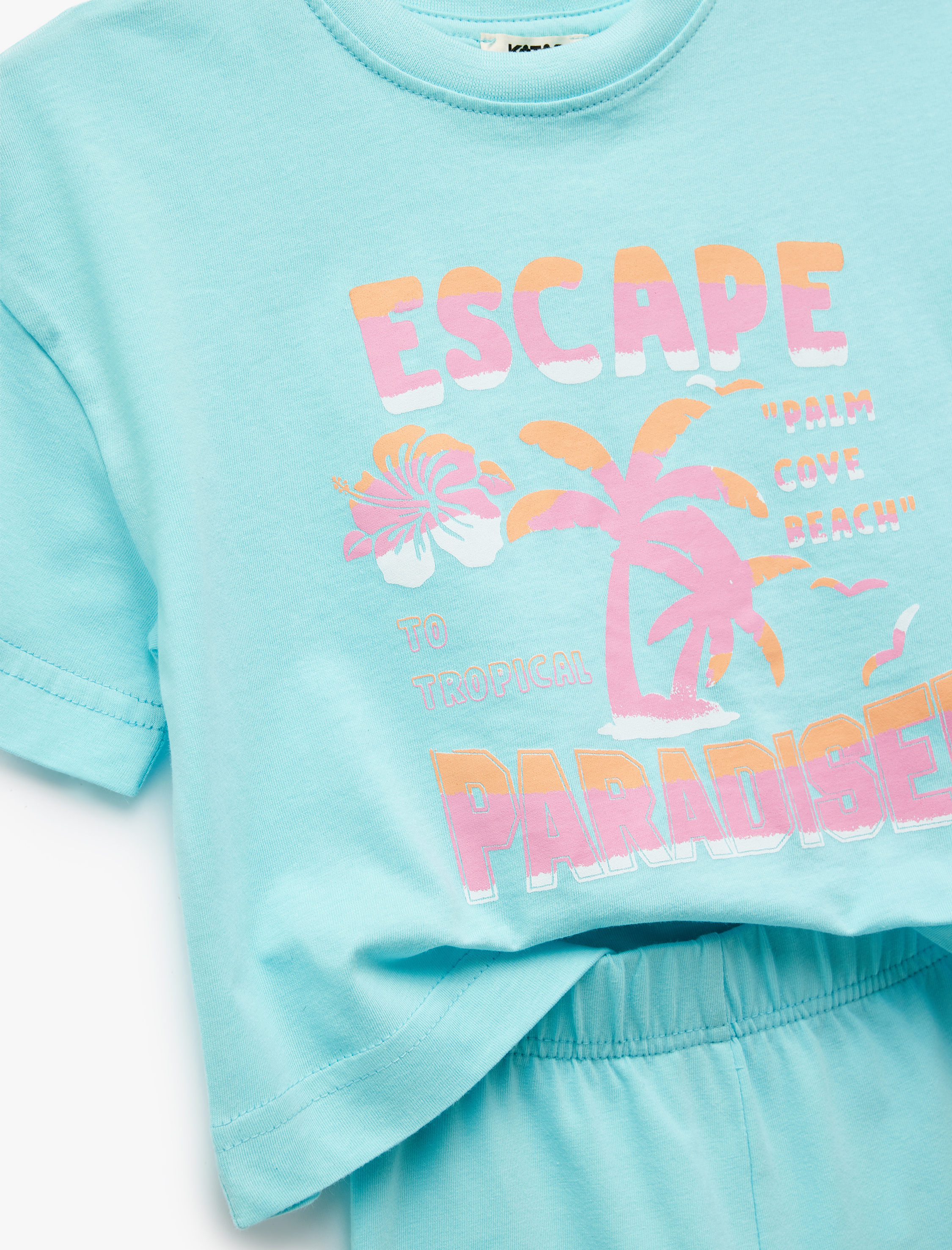  Kız Çocuk Bisiklet Yaka Kısa Kollu Pamuklu Baskılı Tişört ve Tayt Seti