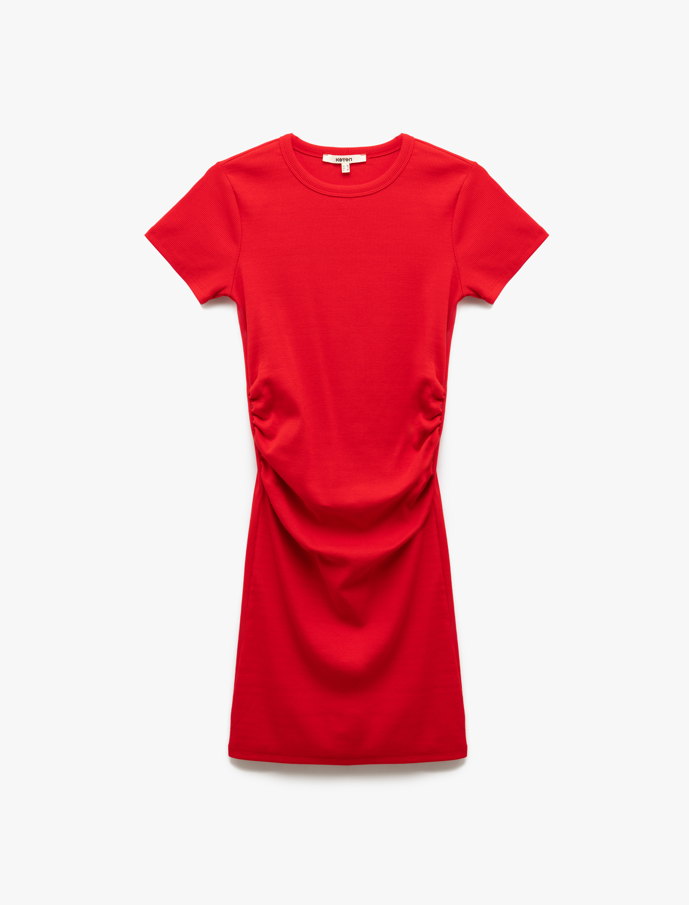   Pamuklu Kısa Kollu Bisiklet Yaka Drape Detaylı Mini Elbise