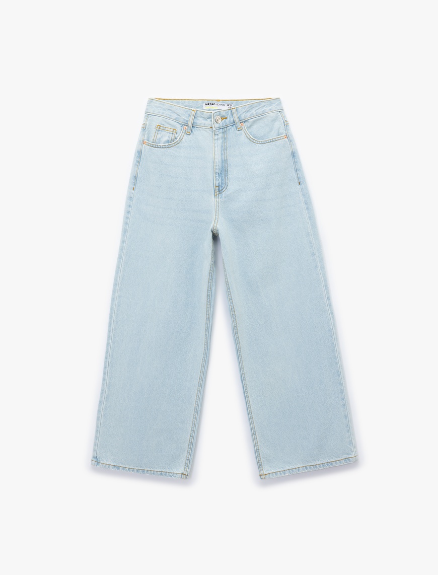   Pamuklu Düğmeli Cepli Normal Bel Crop Geniş Paça Jean Pantolon - Wide Leg Jean