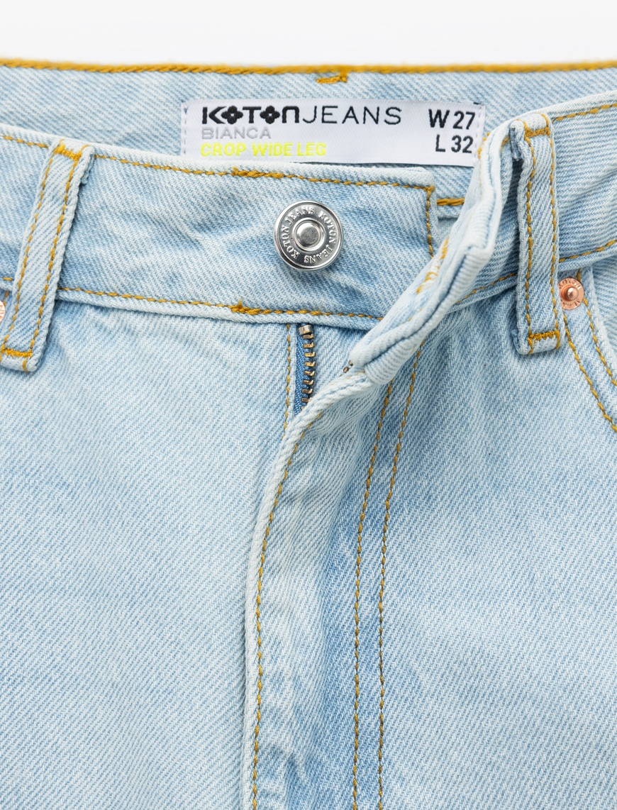   Pamuklu Düğmeli Cepli Normal Bel Crop Geniş Paça Jean Pantolon - Wide Leg Jean