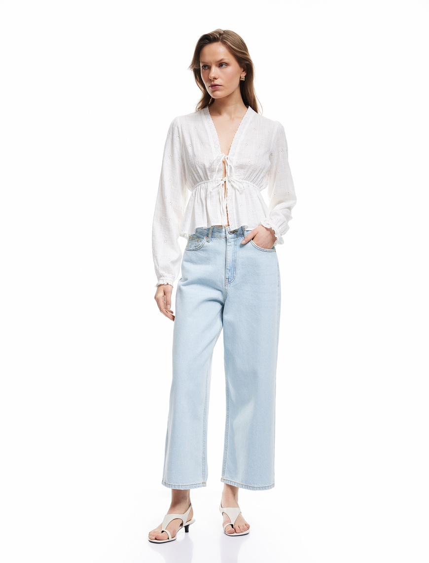   Pamuklu Düğmeli Cepli Normal Bel Crop Geniş Paça Jean Pantolon - Wide Leg Jean