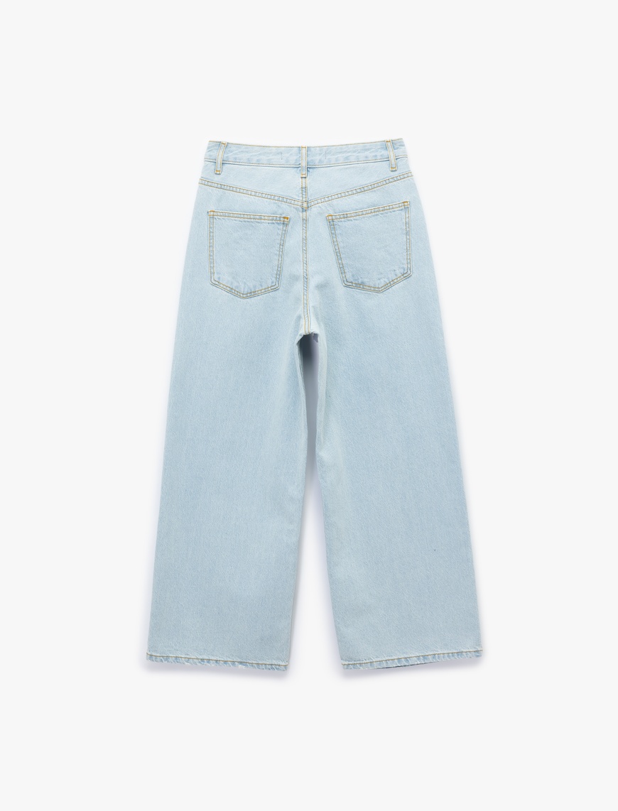   Pamuklu Düğmeli Cepli Normal Bel Crop Geniş Paça Jean Pantolon - Wide Leg Jean