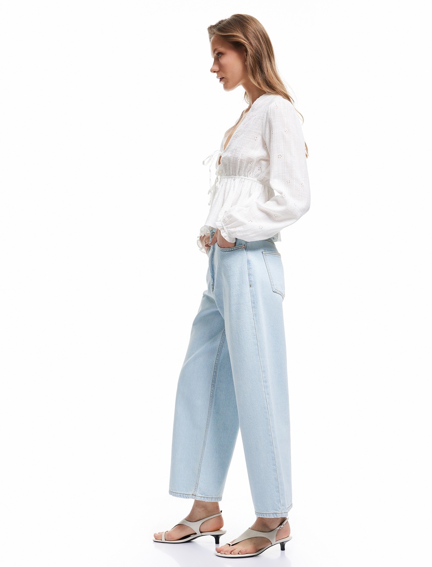   Pamuklu Düğmeli Cepli Normal Bel Crop Geniş Paça Jean Pantolon - Wide Leg Jean