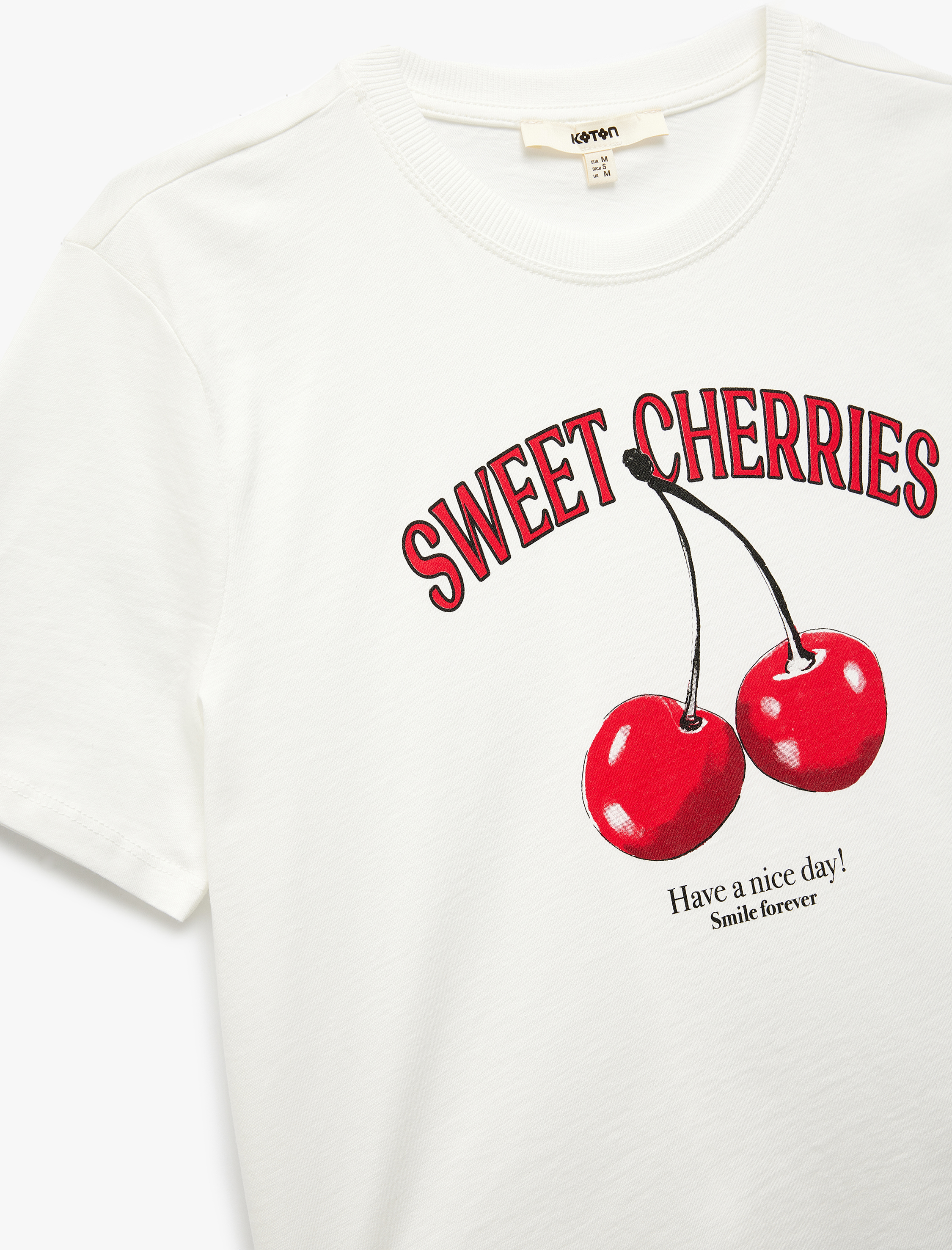   Pamuklu Kısa Kollu Bisiklet Yaka Kiraz Baskılı Tişört