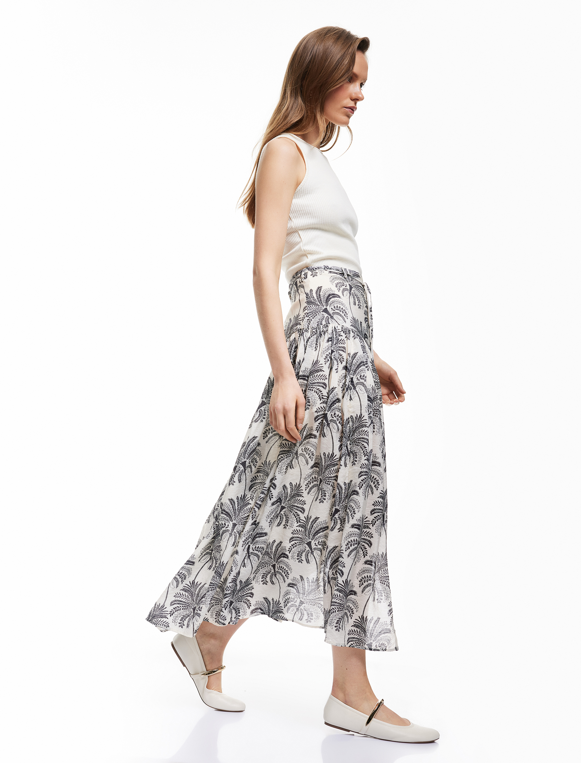   Viskon Kumaş Pamuk Astarlı Beli Bağlamalı Floral Desenli Midi Kloş Etek