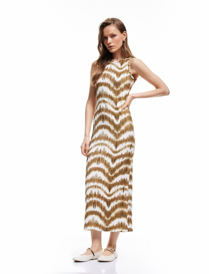  Bürümcük Kumaş Batik Desenli Bisiklet Yaka Kolsuz Uzun Bodycon Kalem Elbise