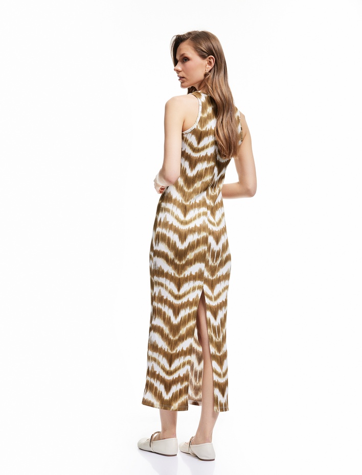  Bürümcük Kumaş Batik Desenli Bisiklet Yaka Kolsuz Uzun Bodycon Kalem Elbise