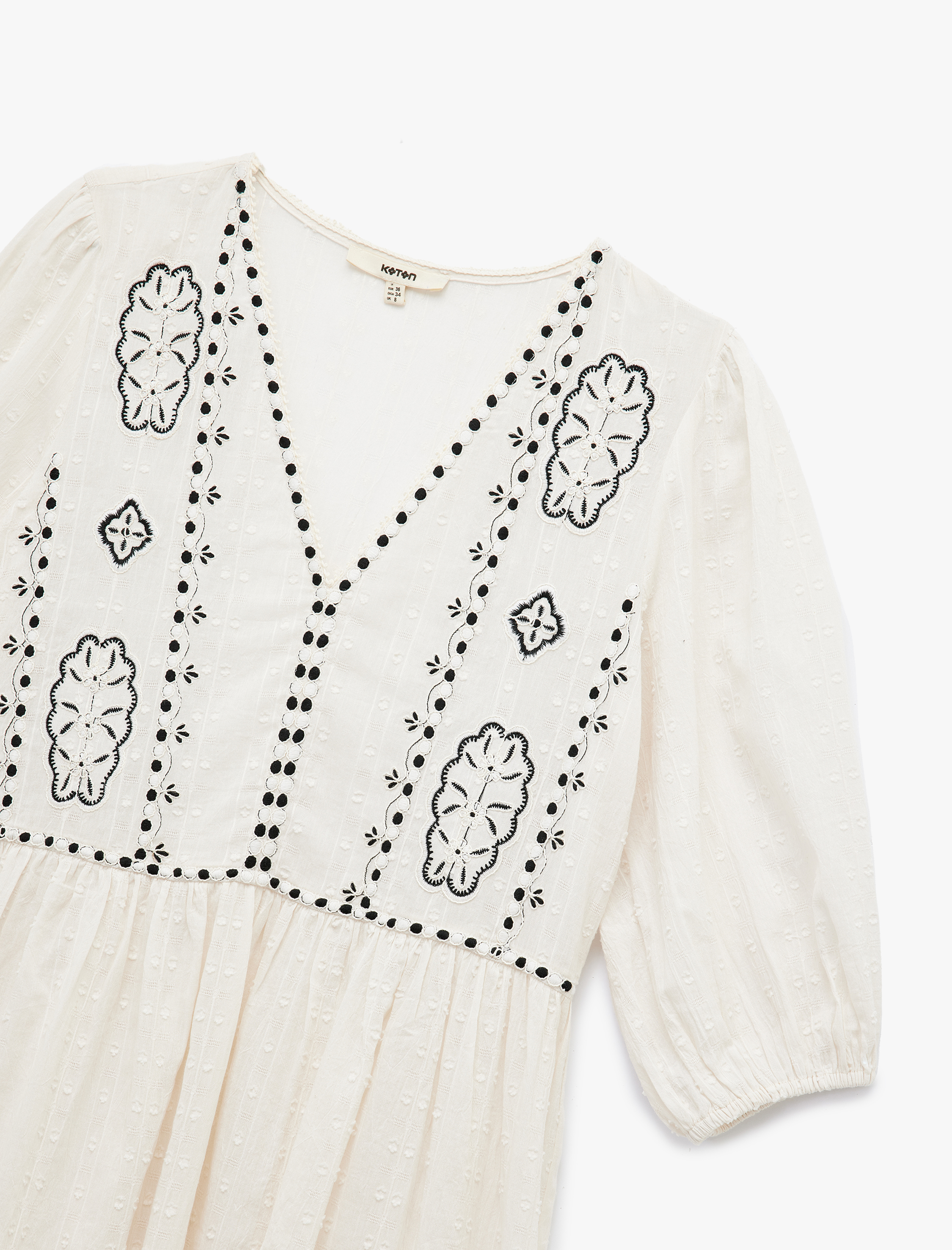   Pamuklu Astarsız Etnik Desenli 3/4 Balon Kollu V Yaka Uzun Elbise