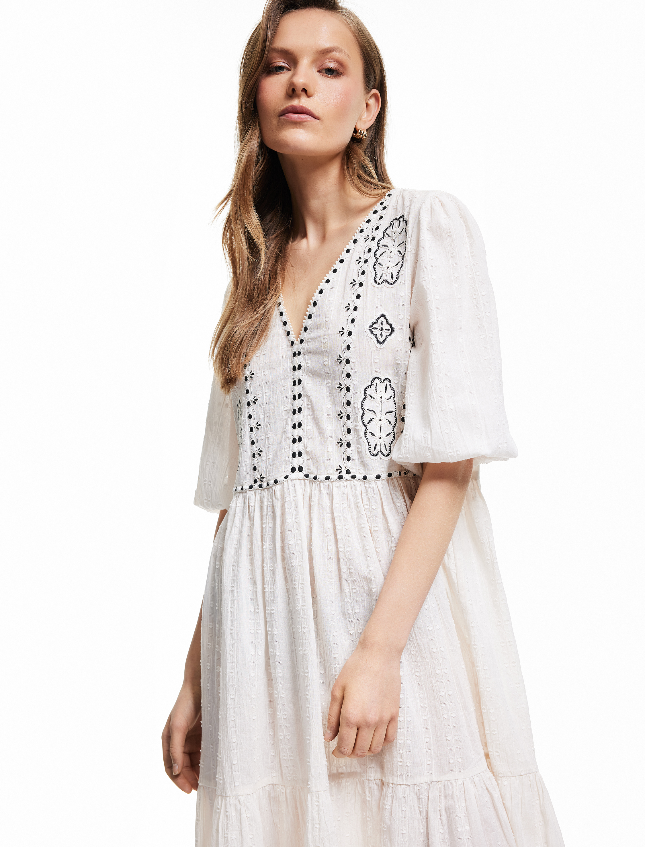   Pamuklu Astarsız Etnik Desenli 3/4 Balon Kollu V Yaka Uzun Elbise