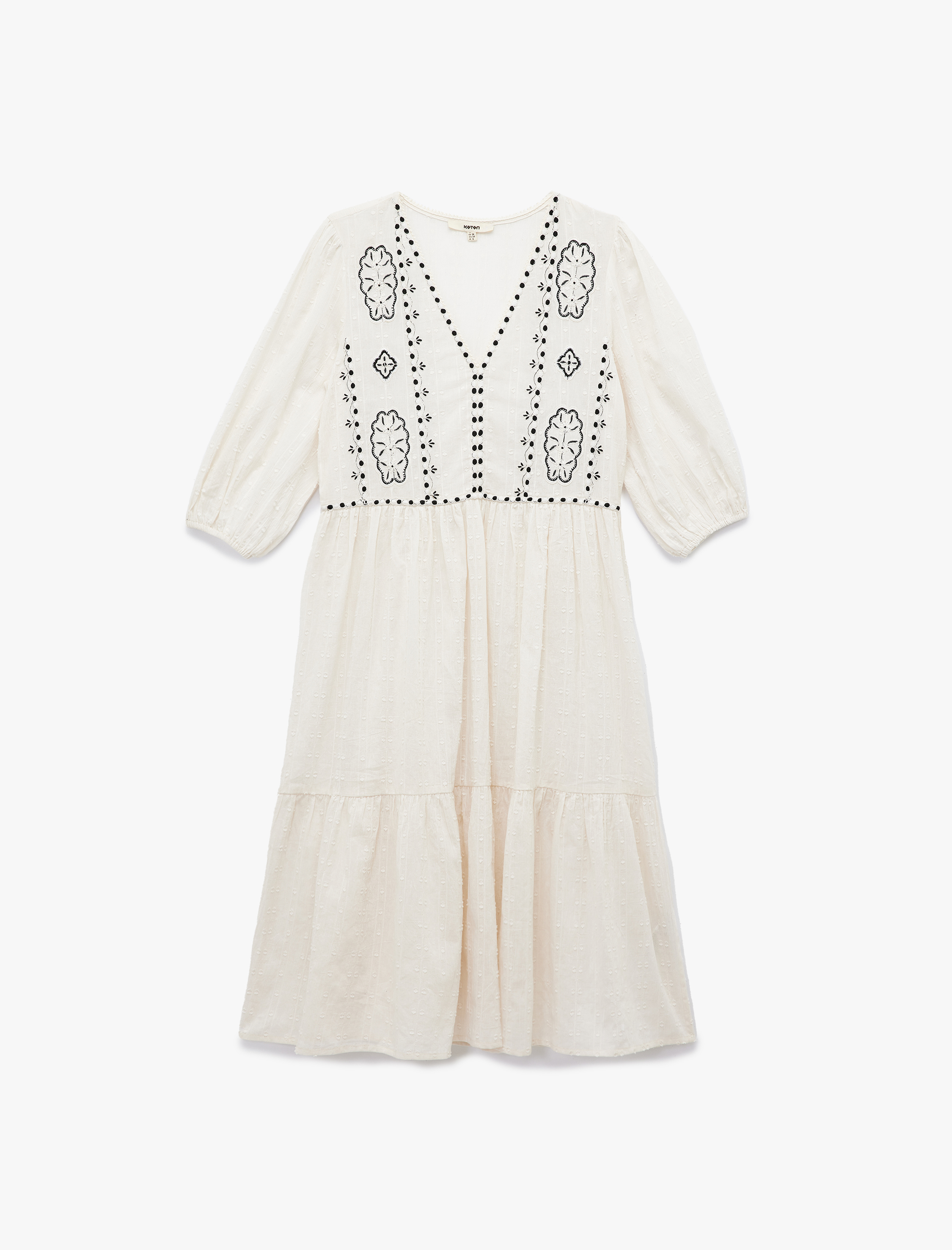   Pamuklu Astarsız Etnik Desenli 3/4 Balon Kollu V Yaka Uzun Elbise