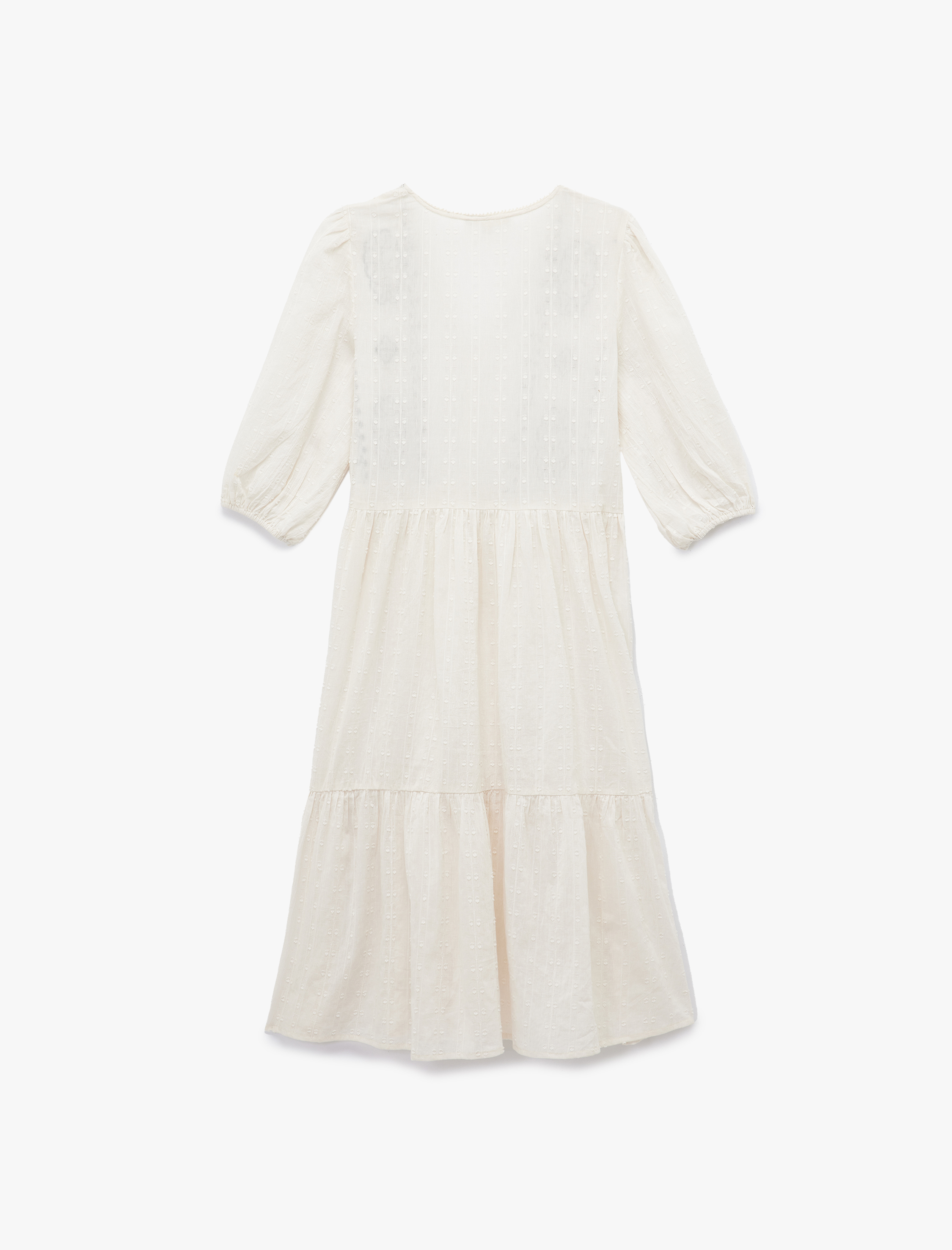   Pamuklu Astarsız Etnik Desenli 3/4 Balon Kollu V Yaka Uzun Elbise