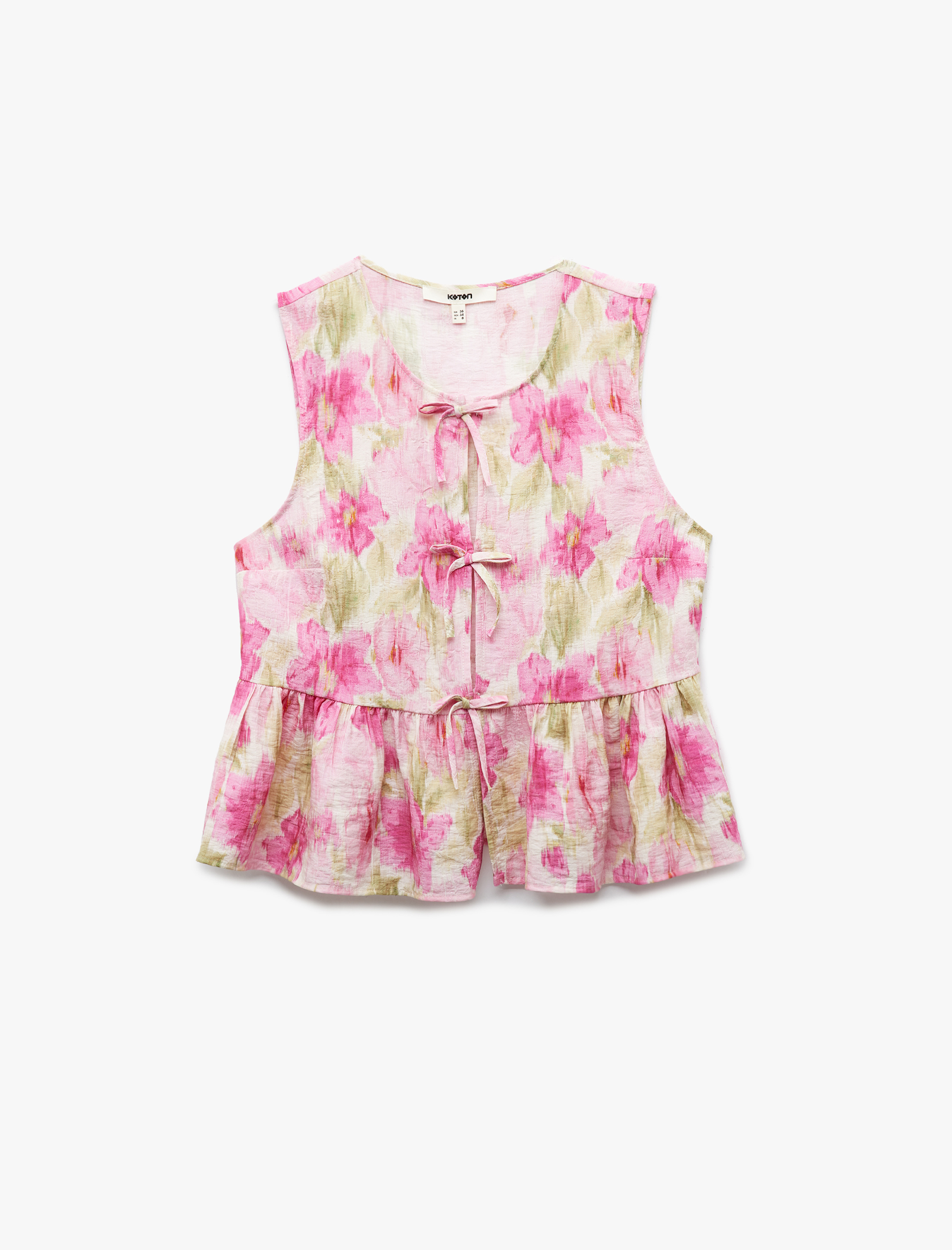   Önü Bağlamalı Fiyonklu Bisiklet Yaka Viskon Kolsuz Çiçekli Bluz