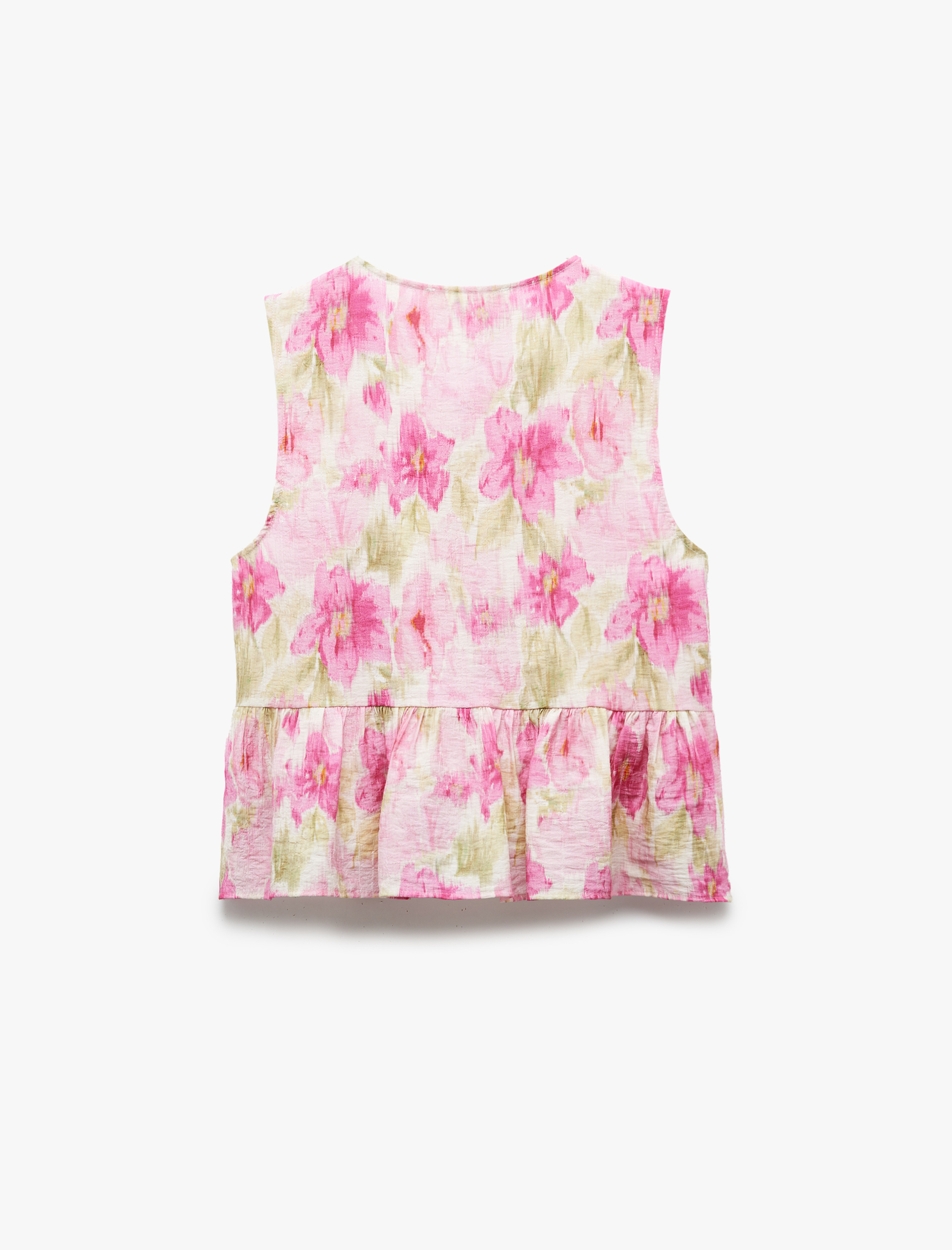   Önü Bağlamalı Fiyonklu Bisiklet Yaka Viskon Kolsuz Çiçekli Bluz