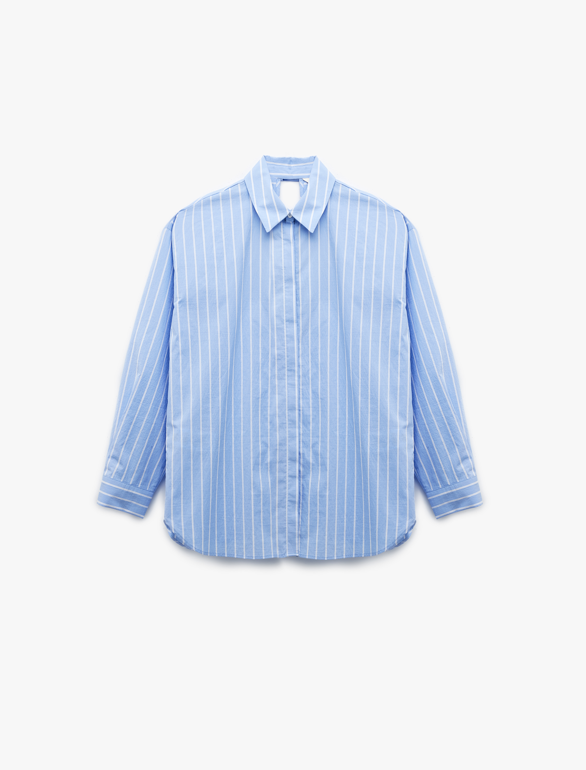   Pamuklu Arkadan Pencere Detaylı Fiyonklu Uzun Kollu Poplin Gömlek