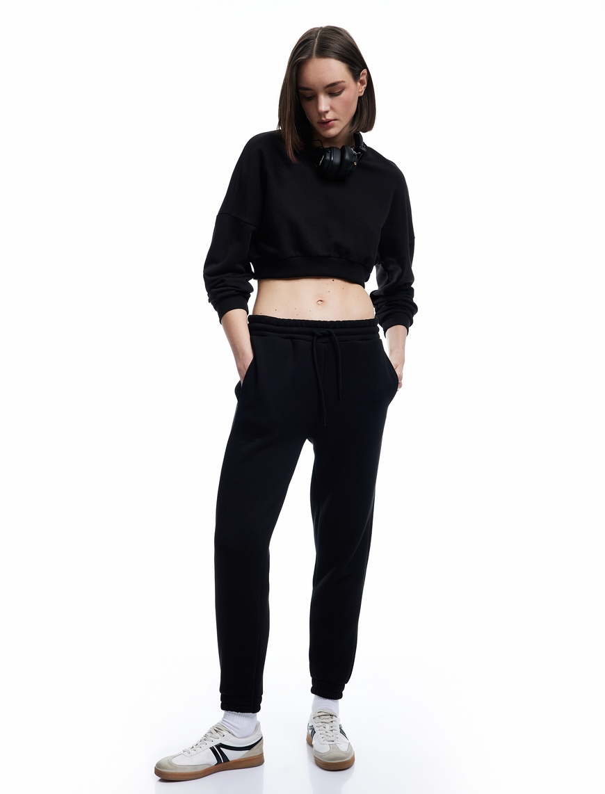   Beli Bağcıklı Şardonlu Yüksek Bel Oversize Jogger Spor Eşofman Altı