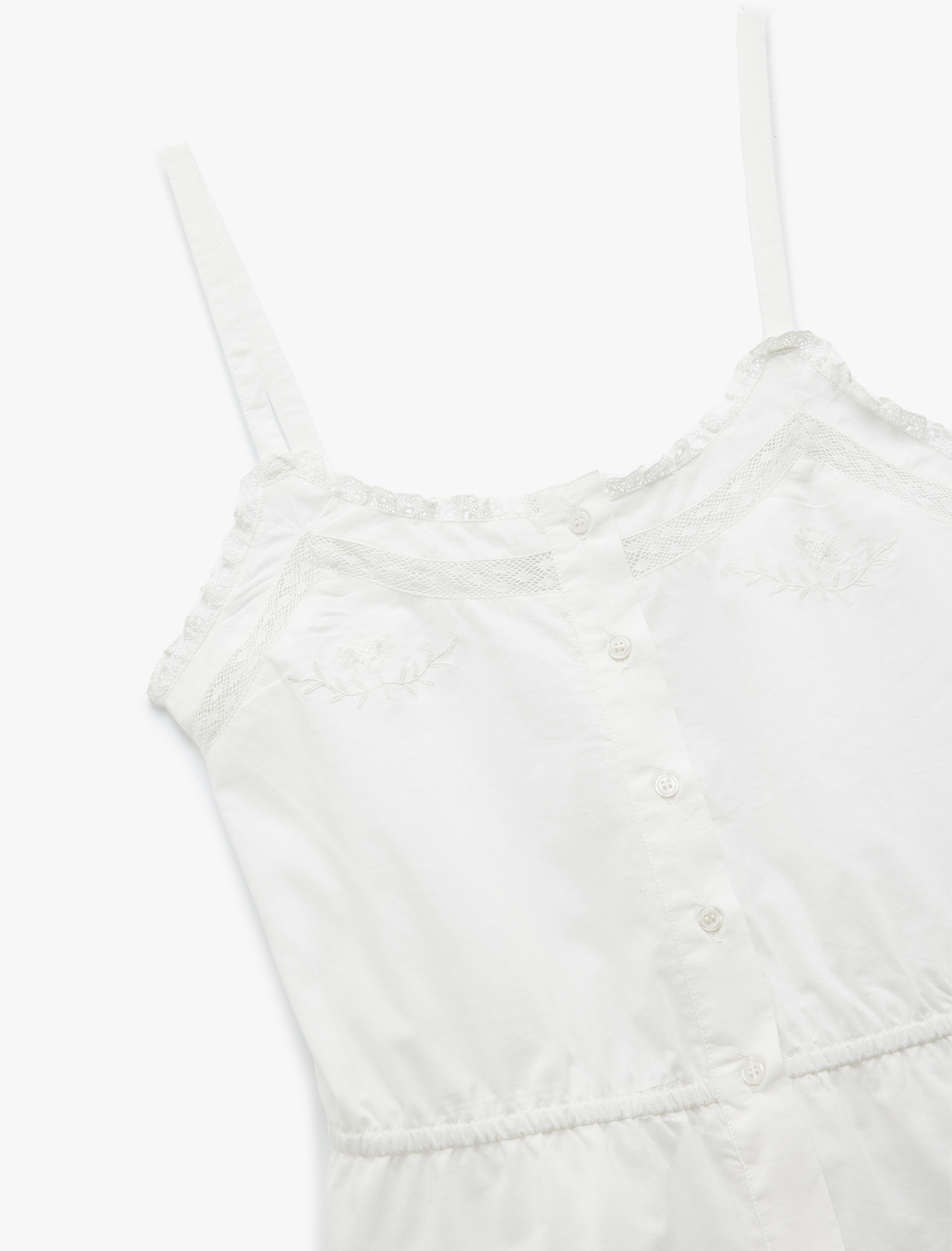   Düğmeli Fırfır Detaylı Brodeli Pamuklu Askılı Pijama Üstü