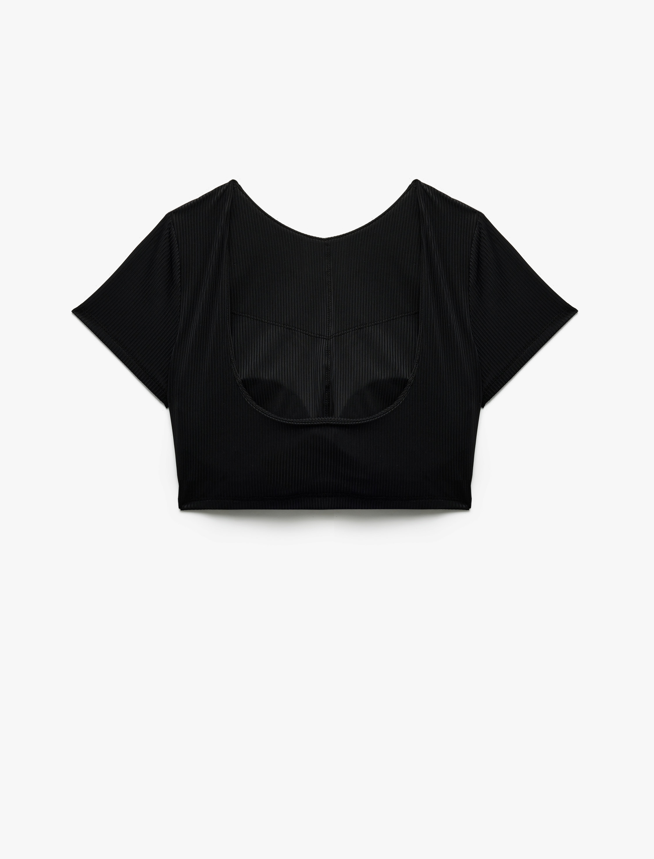   Kısa Kollu Bisiklet Yaka Arkası Dekolte Detaylı Fitilli Spor Crop Tişört