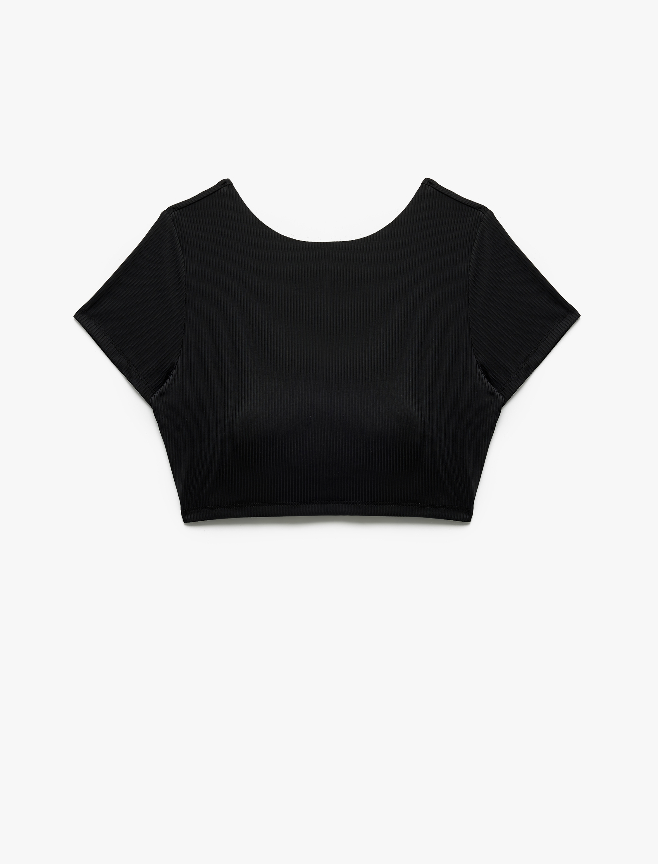   Kısa Kollu Bisiklet Yaka Arkası Dekolte Detaylı Fitilli Spor Crop Tişört