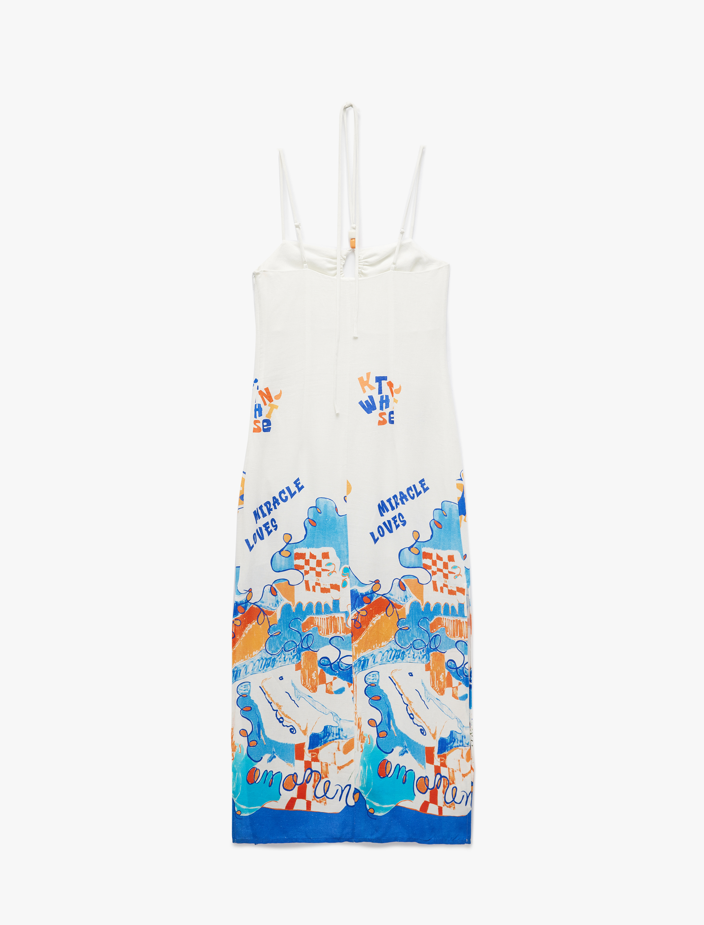   Koton X Şahika Ercümen - Kolsuz Boyundan Bağlama Detaylı Yırtmaçlı Desenli İnce Askılı Midi Elbise