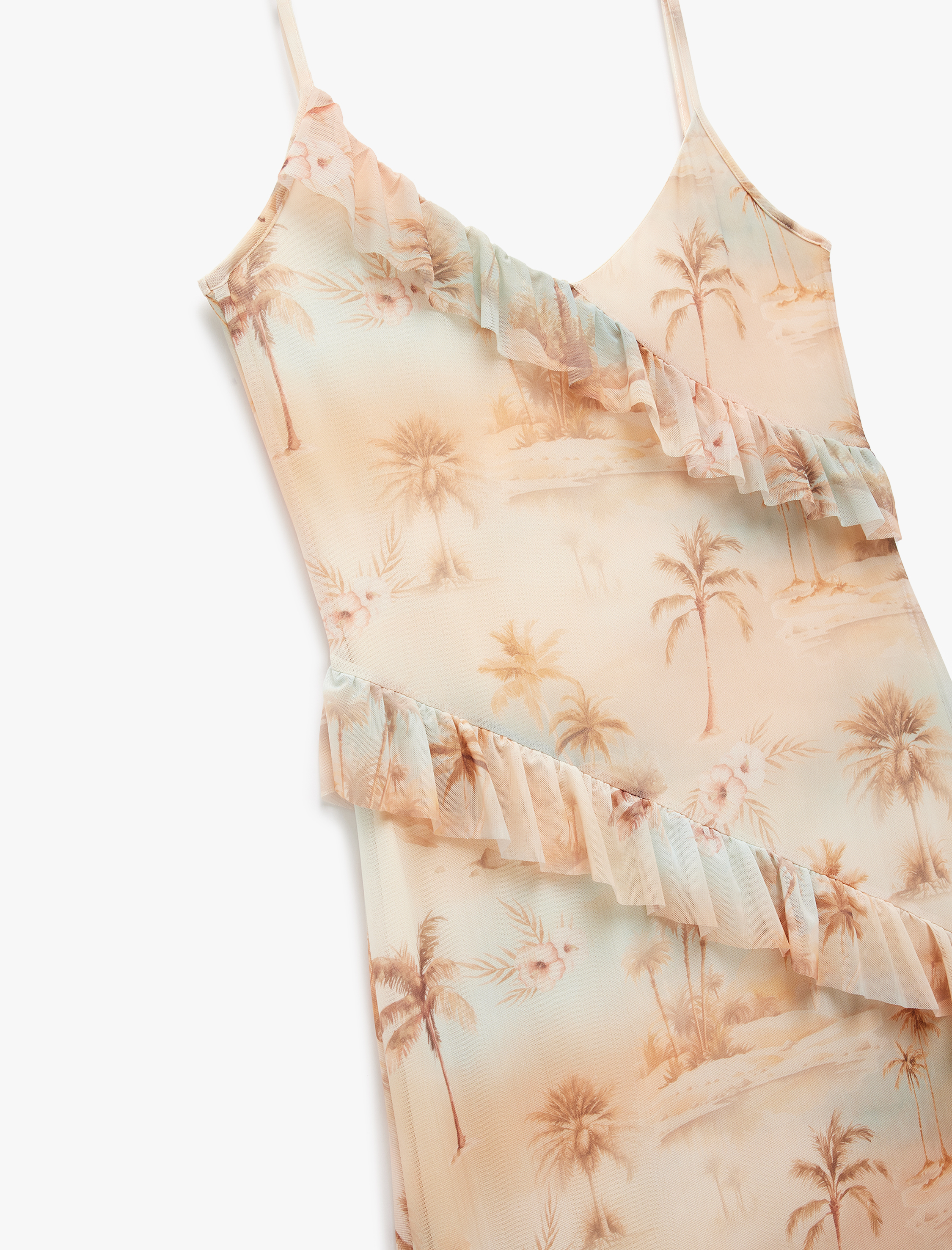   Koton X Şahika Ercümen - Astarlı Palmiye Desenli Midi Boy İnce Askılı Fırfırlı Elbise