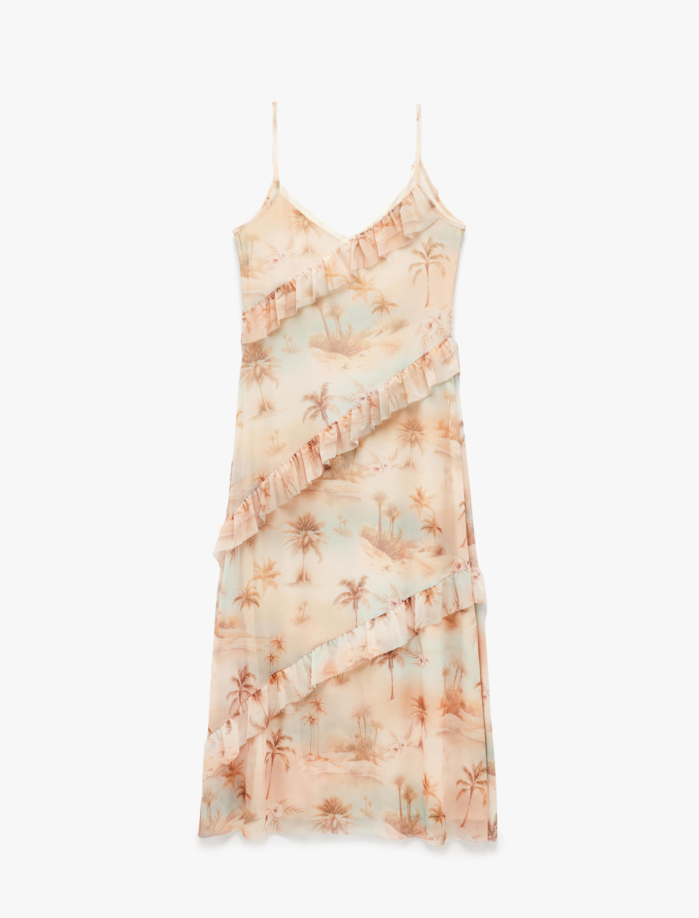   Koton X Şahika Ercümen - Astarlı Palmiye Desenli Midi Boy İnce Askılı Fırfırlı Elbise