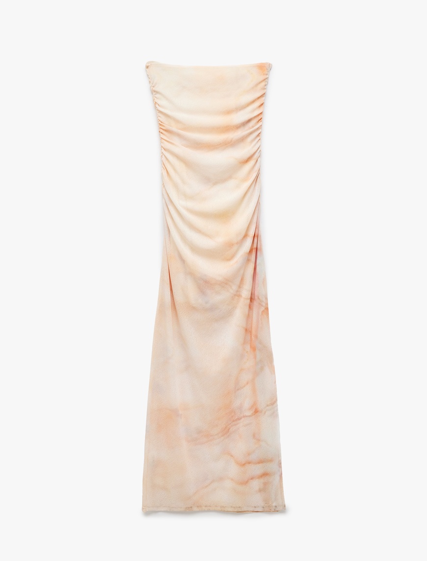   Drape Detaylı Astarlı Soyut Desenli Slim Fit Uzun Straplez Elbise