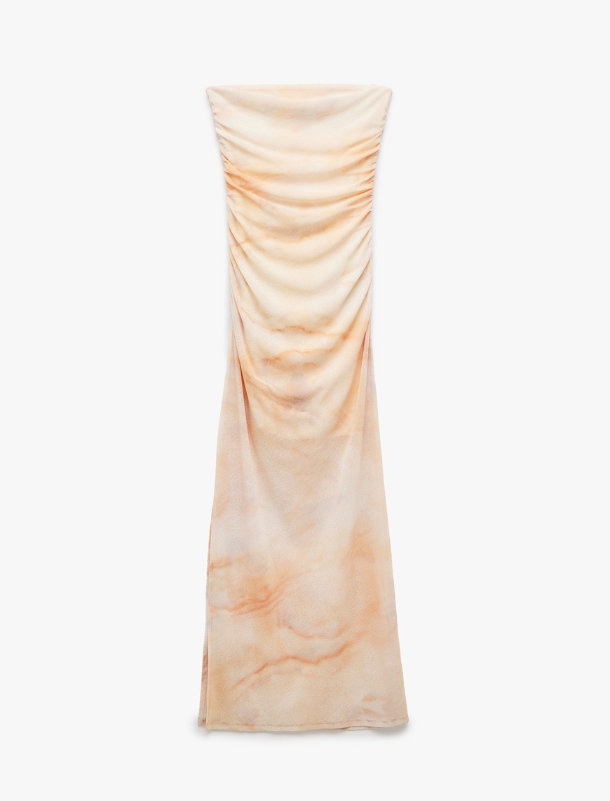   Drape Detaylı Astarlı Soyut Desenli Slim Fit Uzun Straplez Elbise
